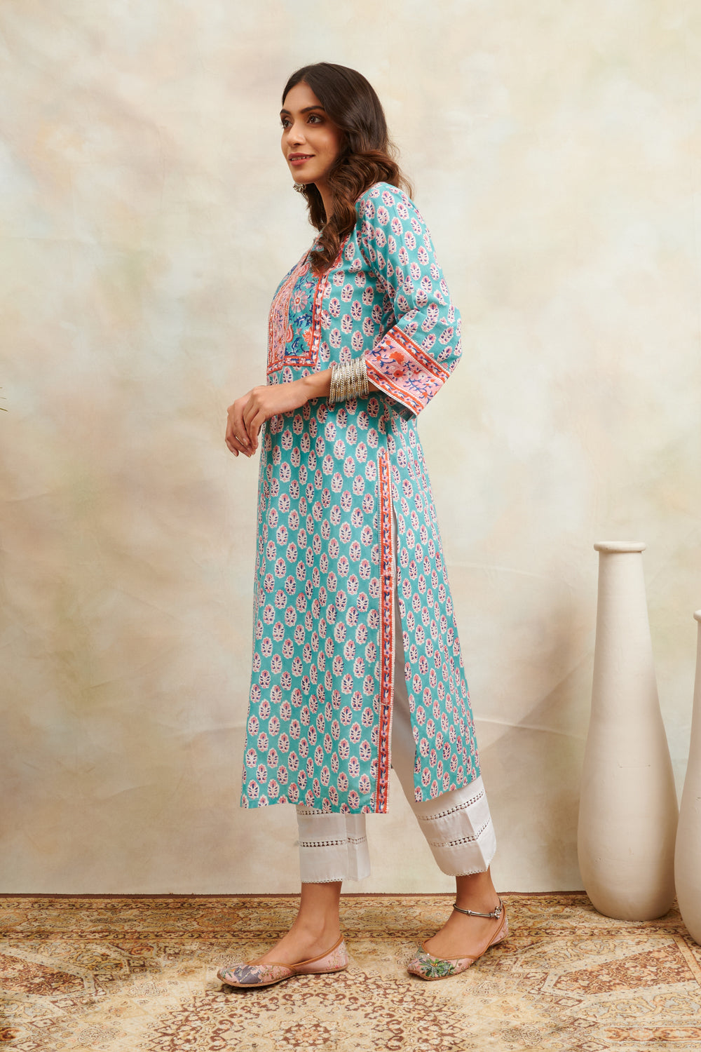 Teal Blue/Orange Sanganeri Straight Kurta