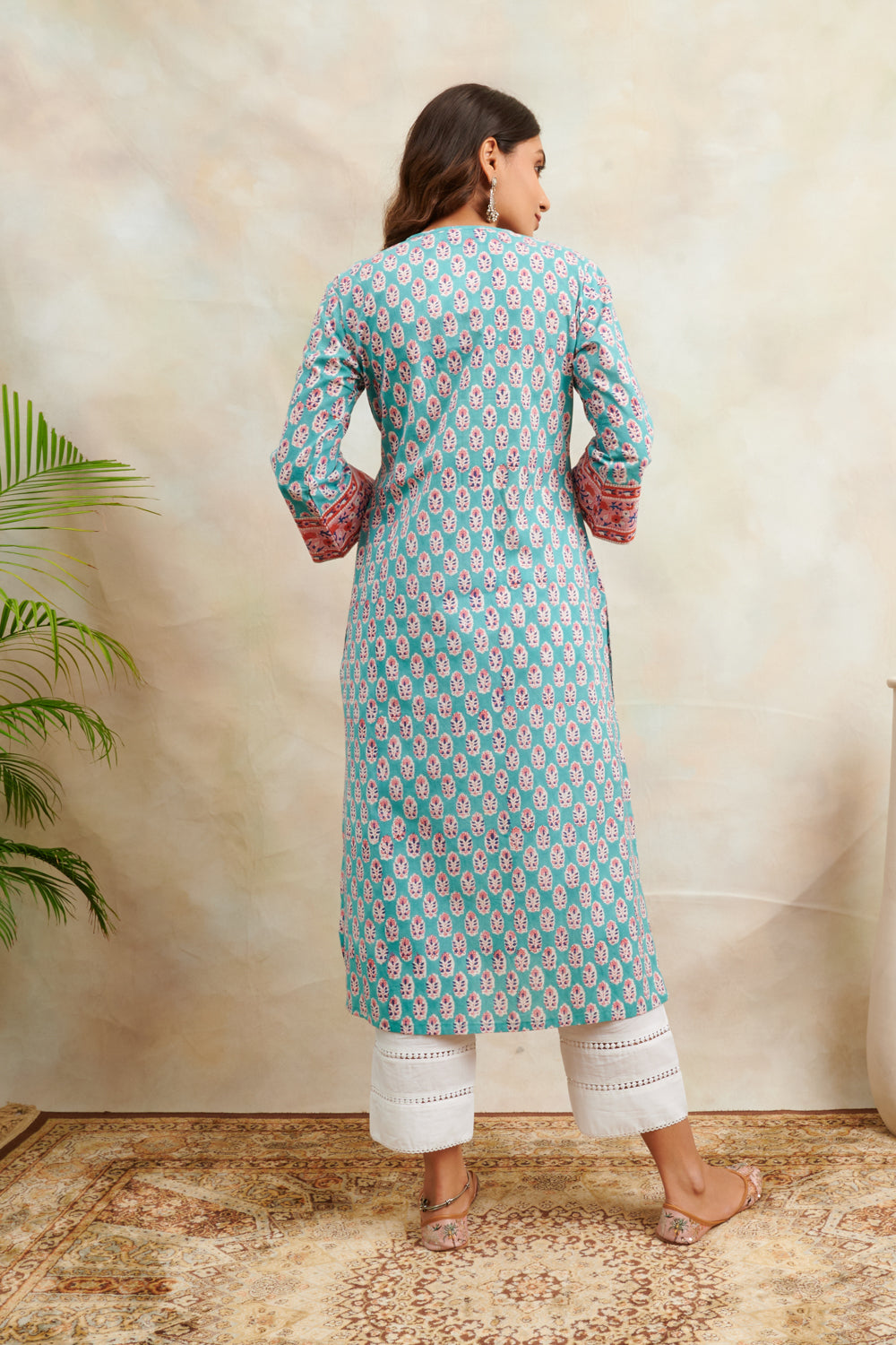 Teal Blue/Orange Sanganeri Straight Kurta