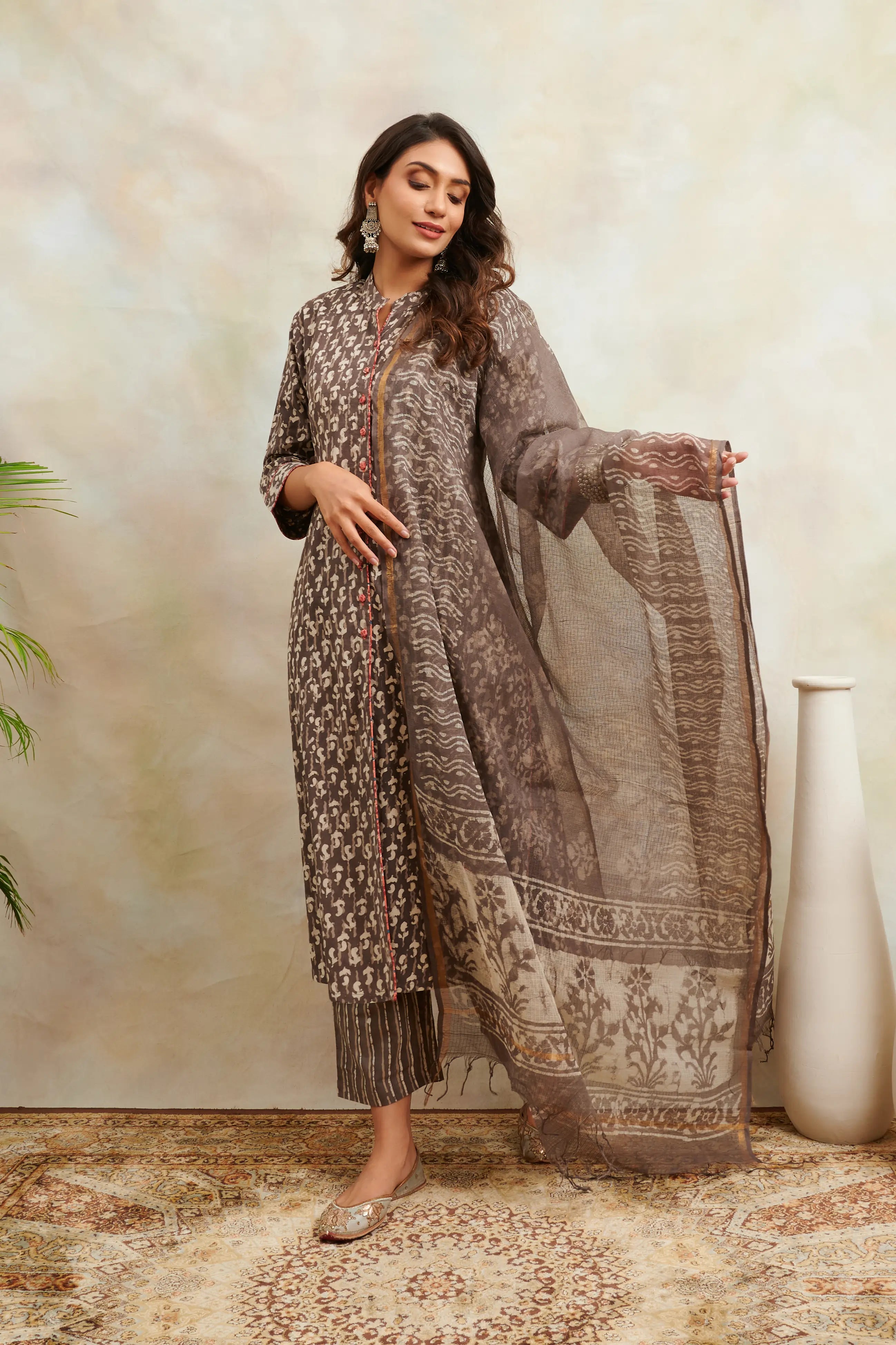 Brown Hand Block Bagru Printed 'A' Line Front open Kurta