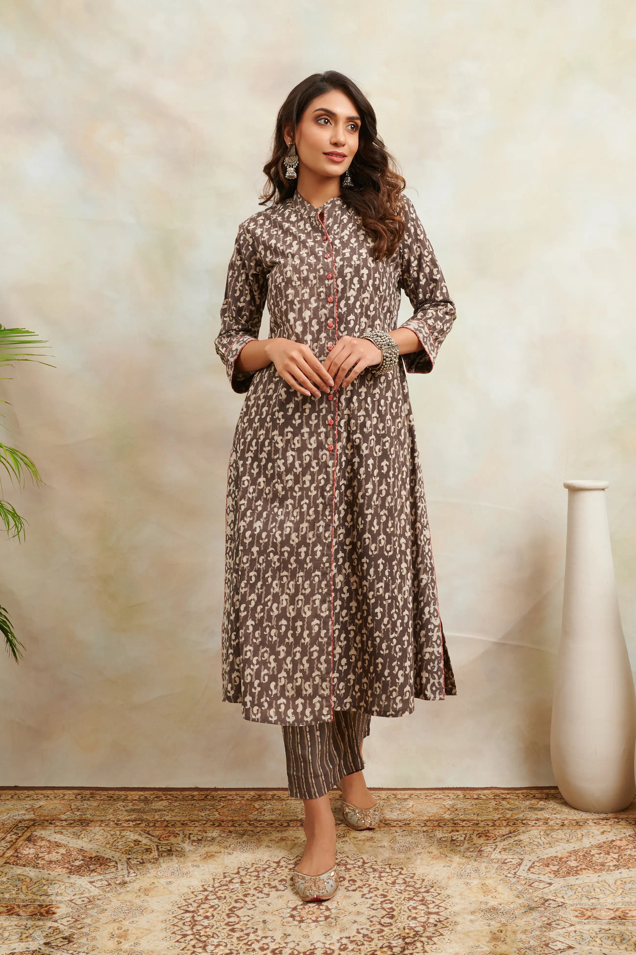 Brown Hand Block Bagru Printed 'A' Line Front open Kurta