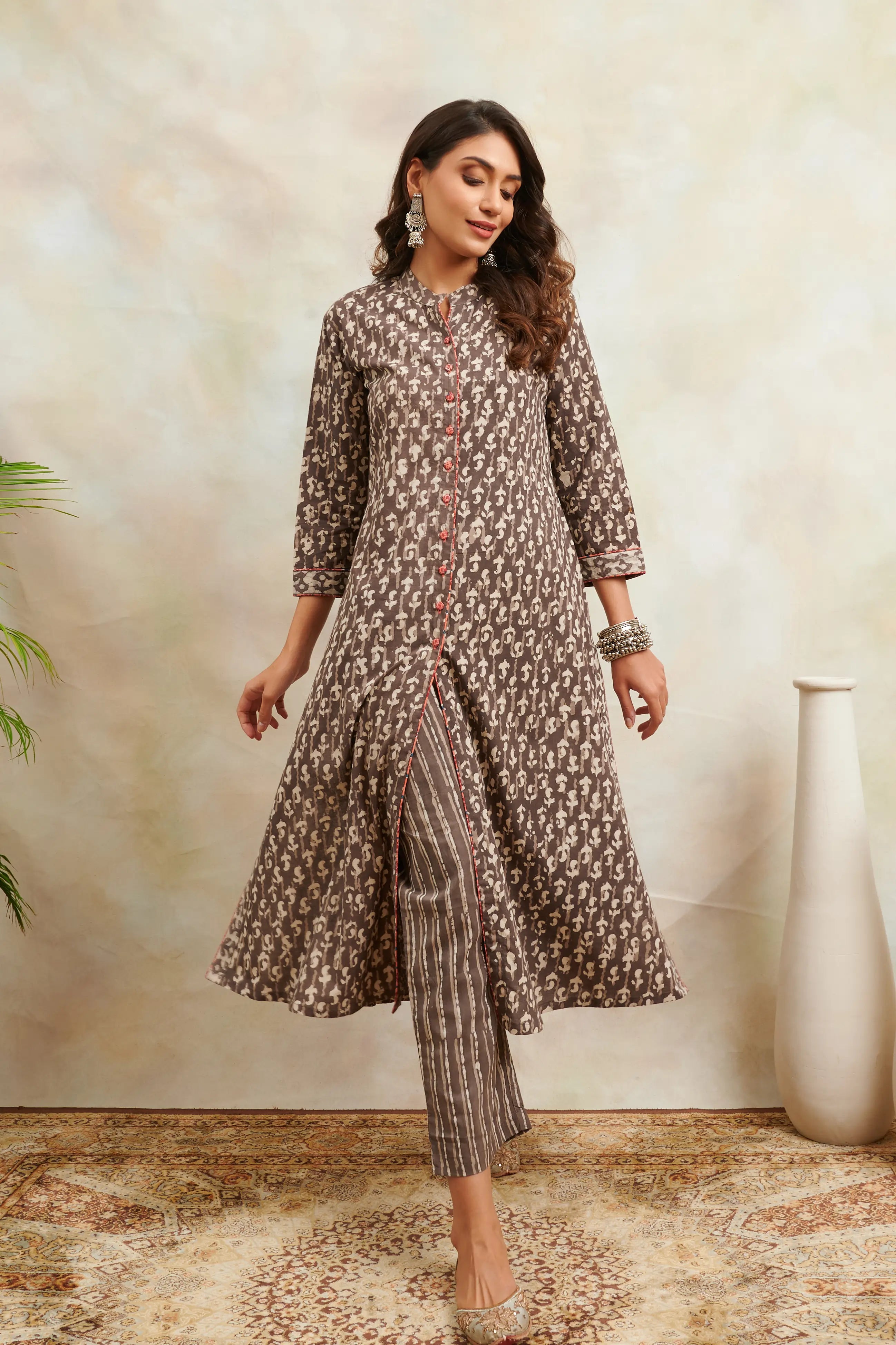 Brown Hand Block Bagru Printed 'A' Line Front open Kurta