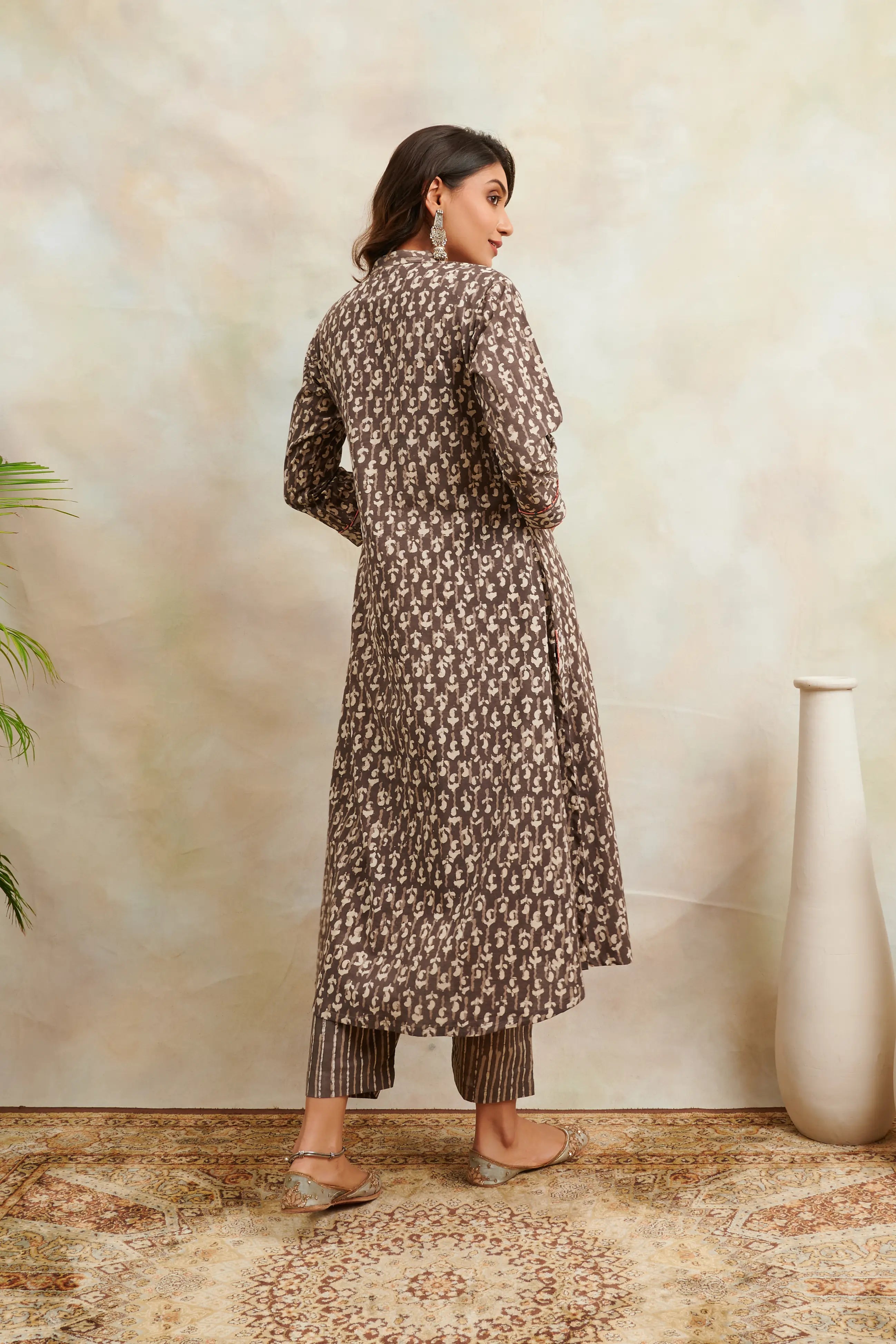 Brown Hand Block Bagru Printed 'A' Line Front open Kurta