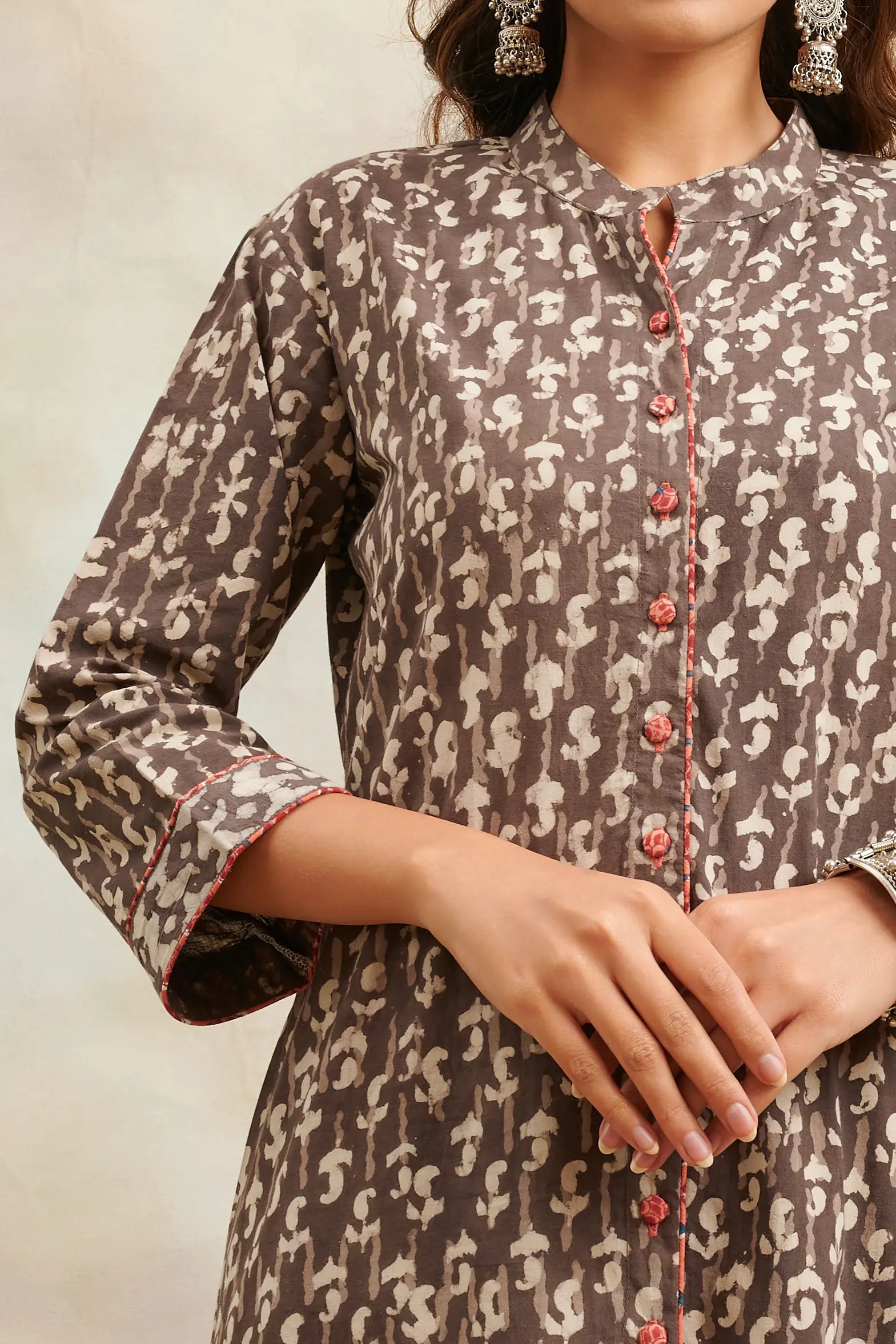 Brown Hand Block Bagru Printed 'A' Line Front open Kurta