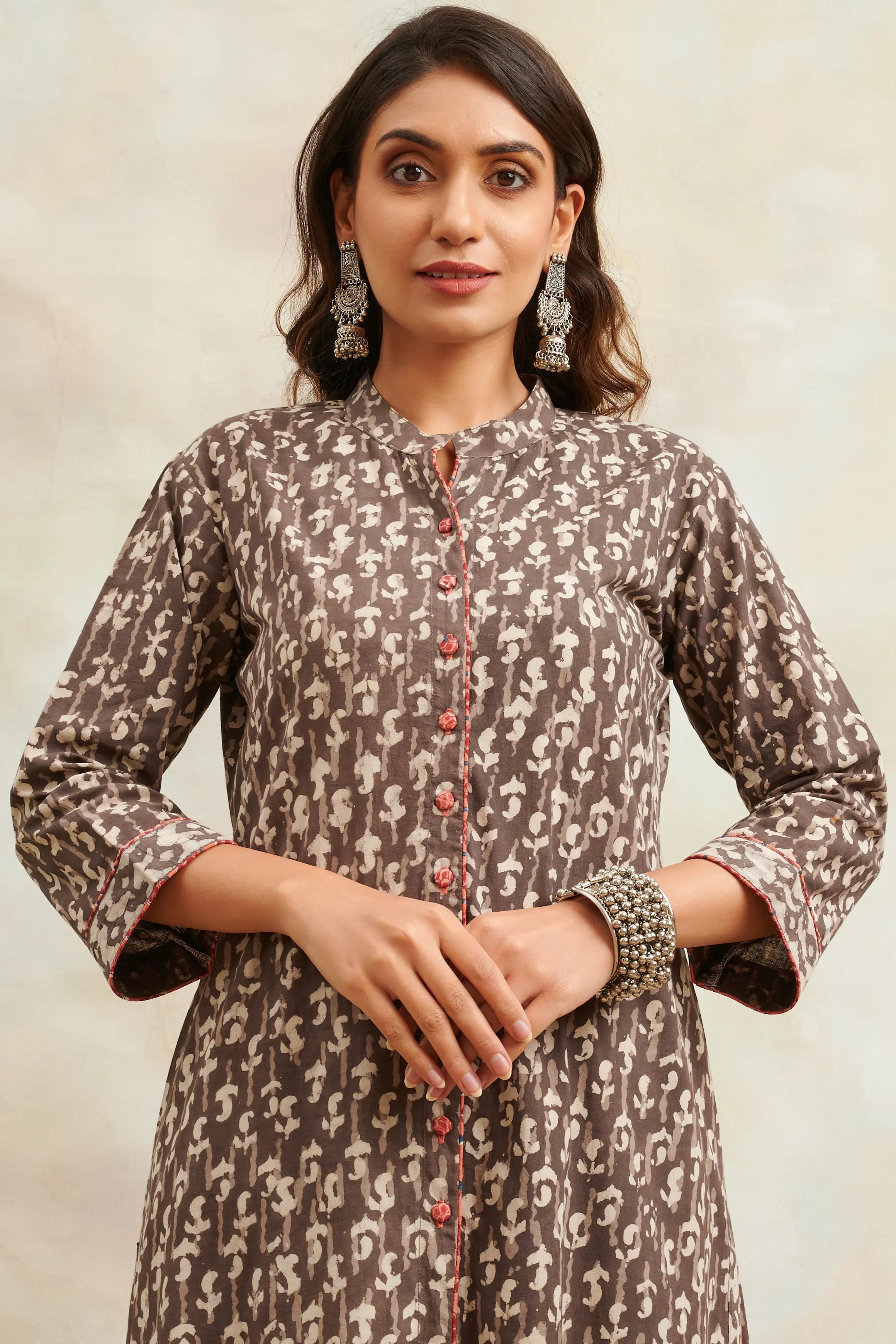 Brown Hand Block Bagru Printed 'A' Line Front open Kurta