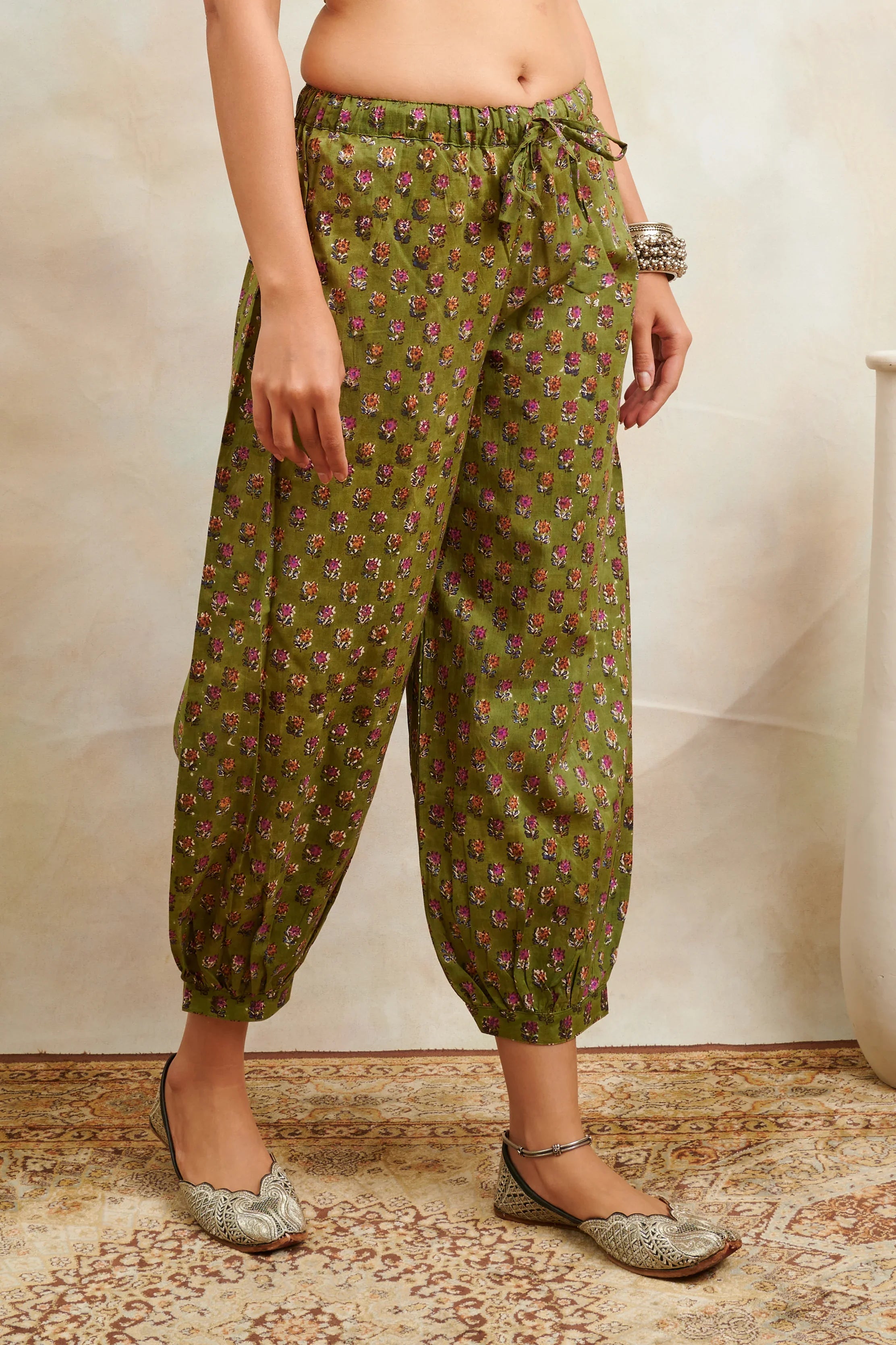 Green & Purple Hand Block Printed Izhaar Cotton Pants