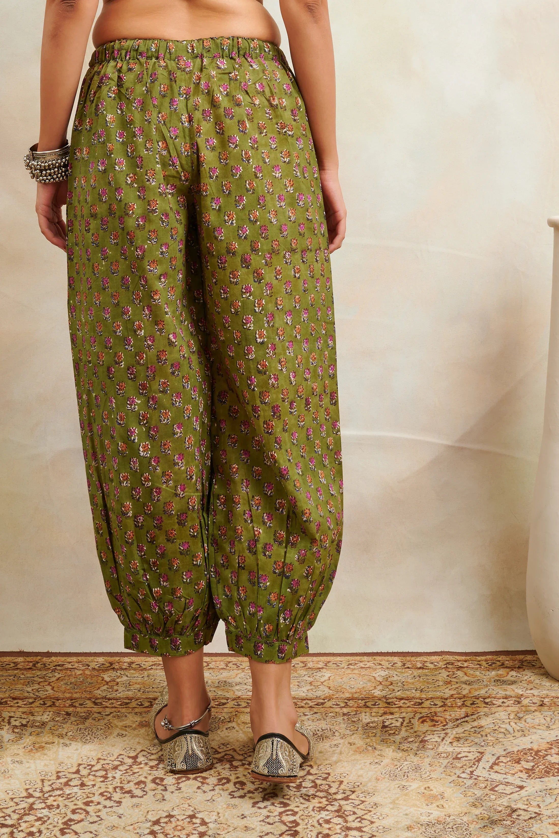 Green & Purple Hand Block Printed Izhaar Cotton Pants