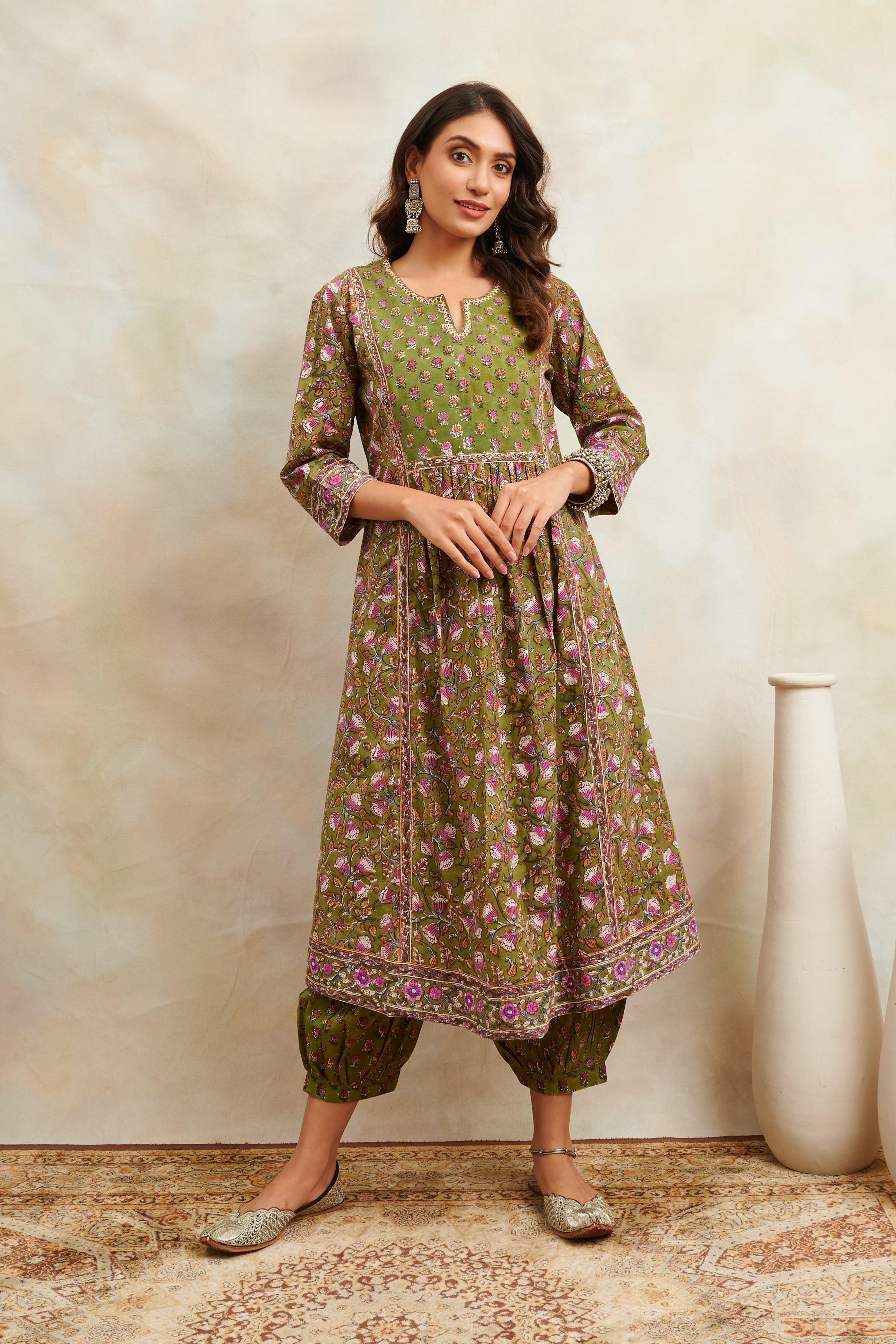 Green & Purple Hand Block Printed Sanganeri 'A' Line Kurta