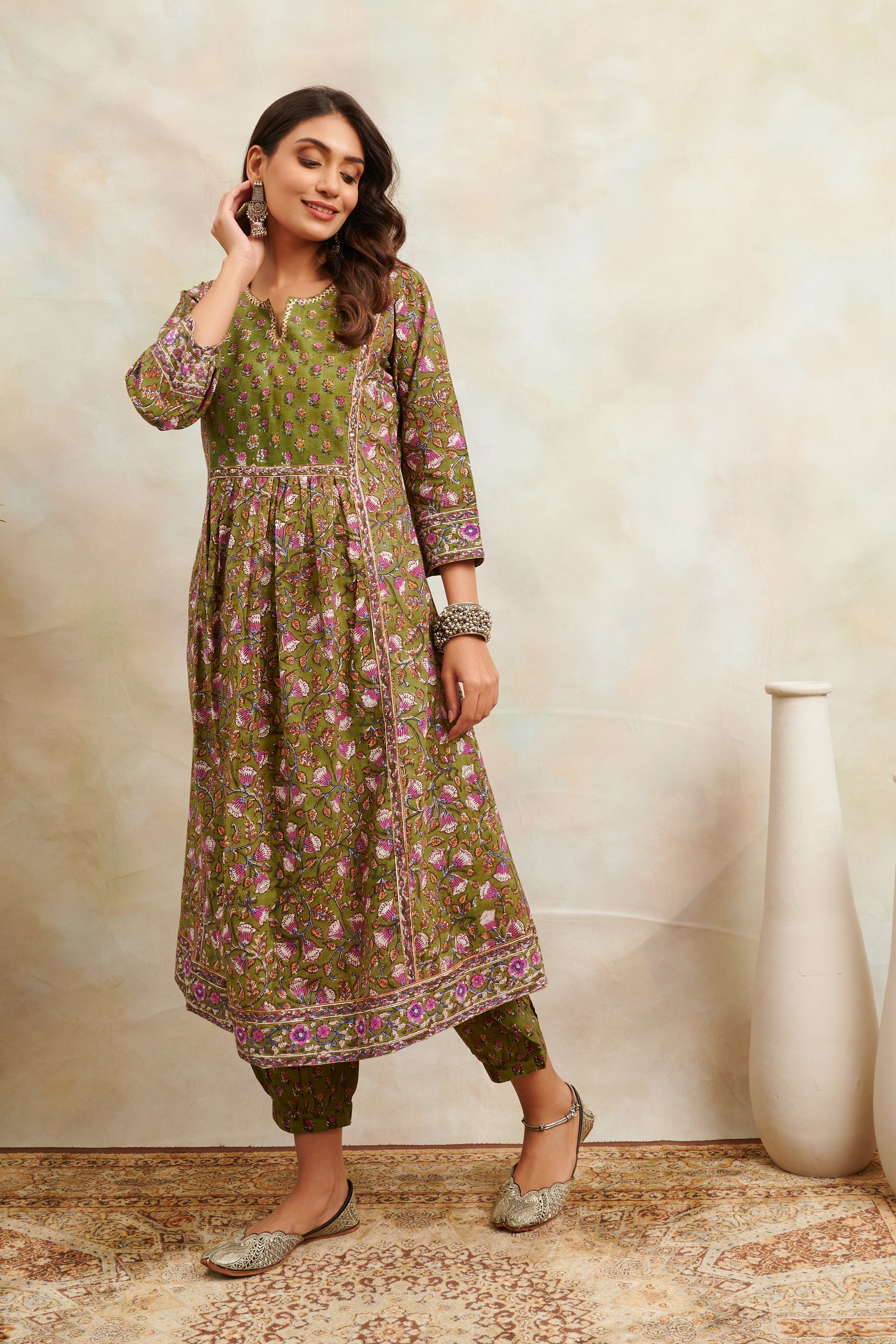 Green & Purple Hand Block Printed Sanganeri 'A' Line Kurta