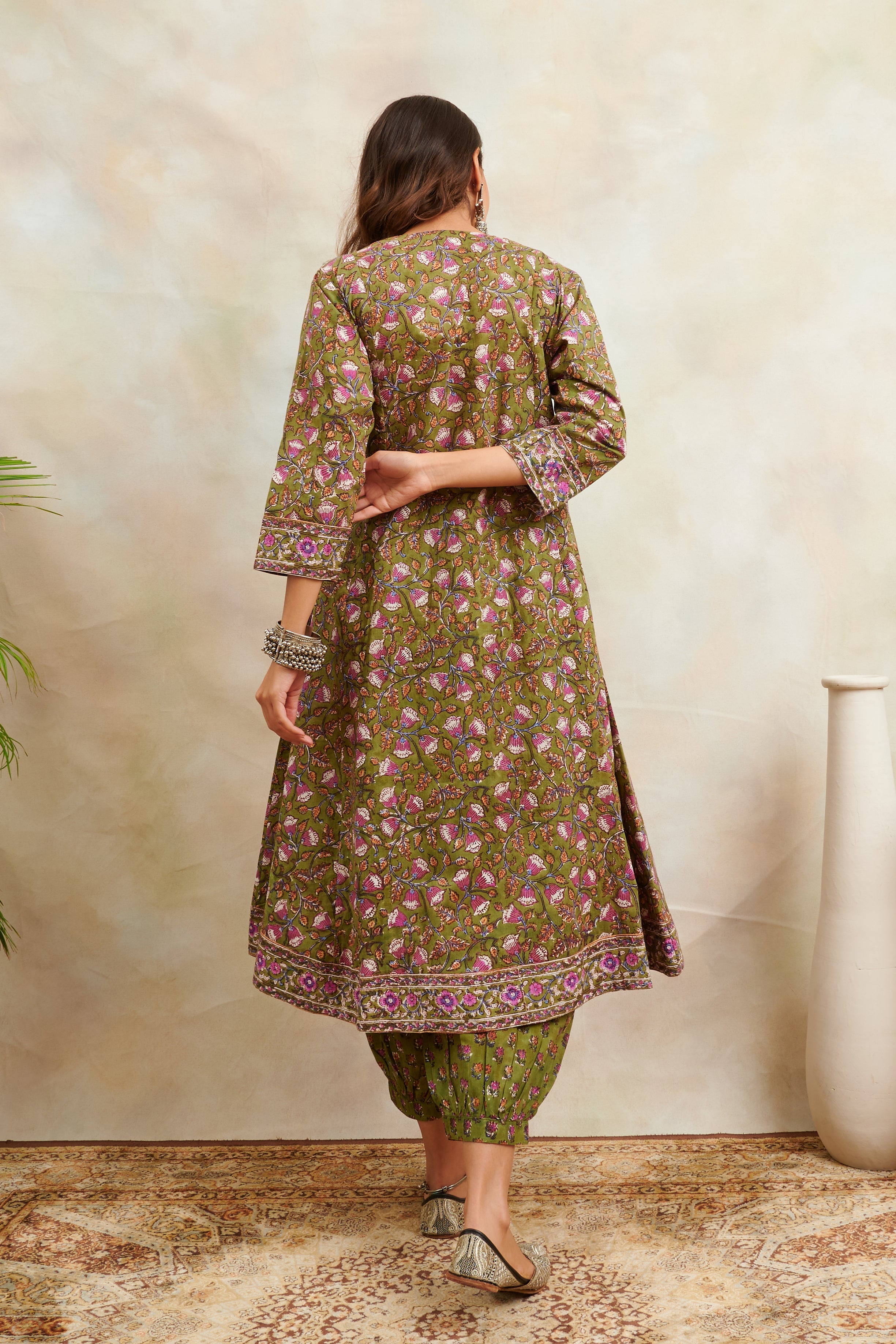 Green & Purple Hand Block Printed Sanganeri 'A' Line Kurta