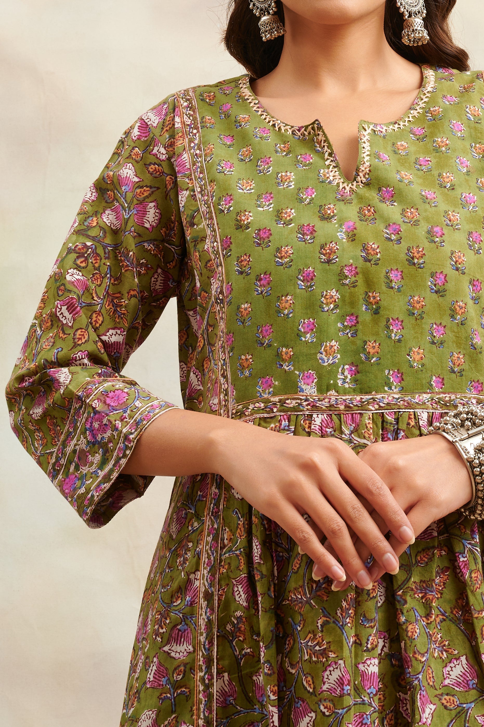 Green & Purple Hand Block Printed Sanganeri 'A' Line Kurta