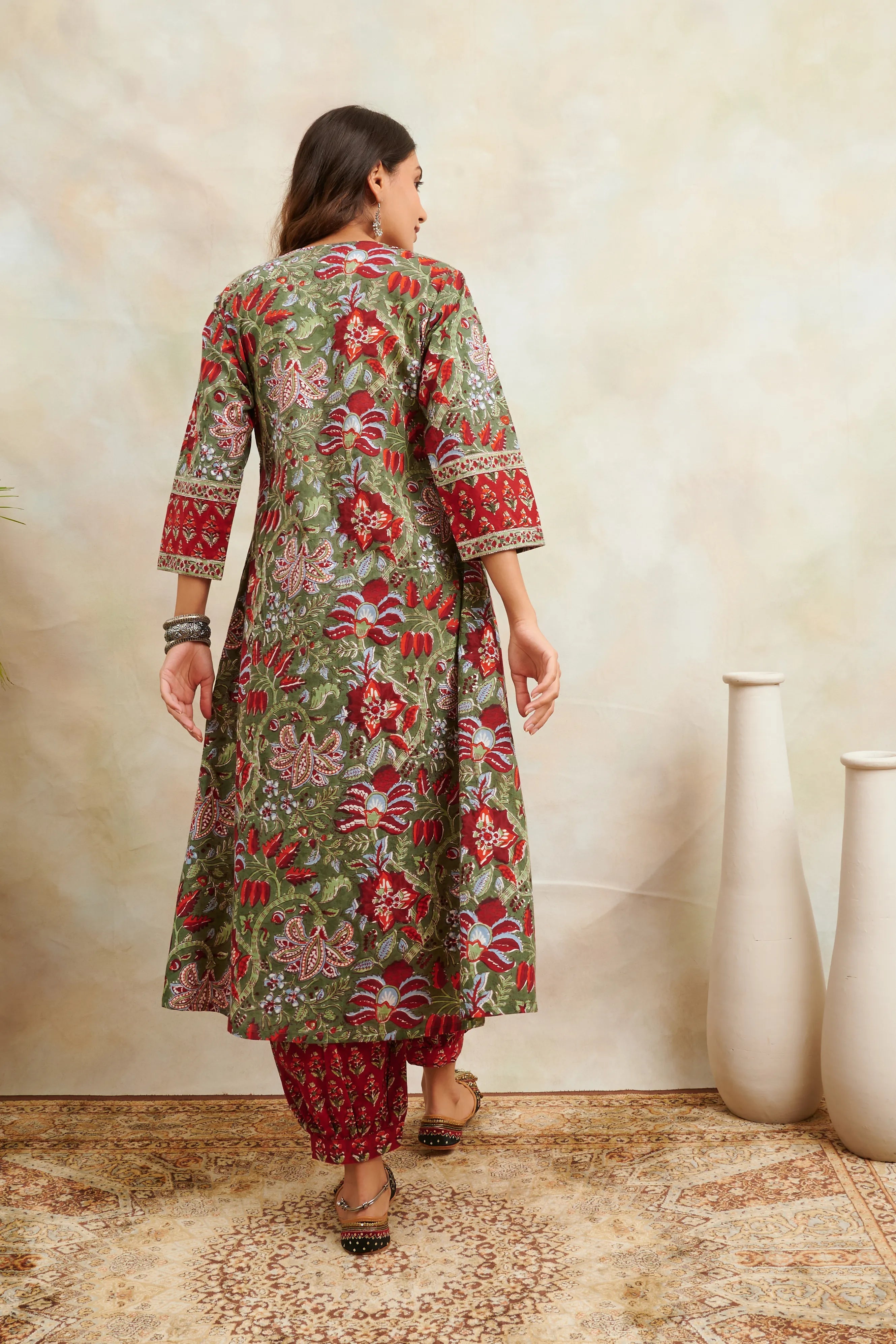 Green & Red Hand Block Printed Sanganeri 'A' Line Kurta