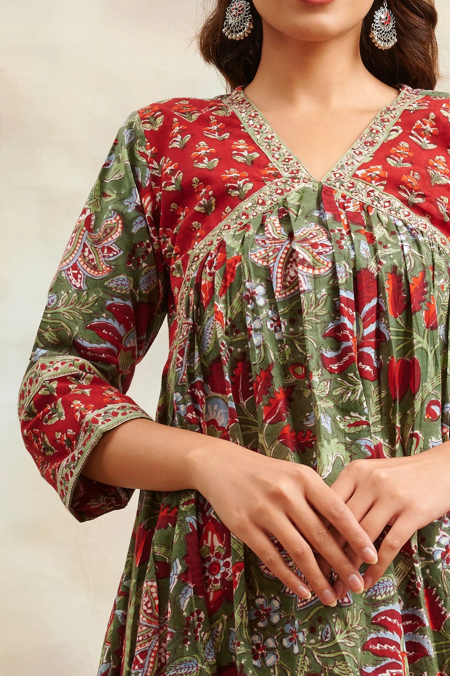 Green & Red Hand Block Printed Sanganeri 'A' Line Kurta