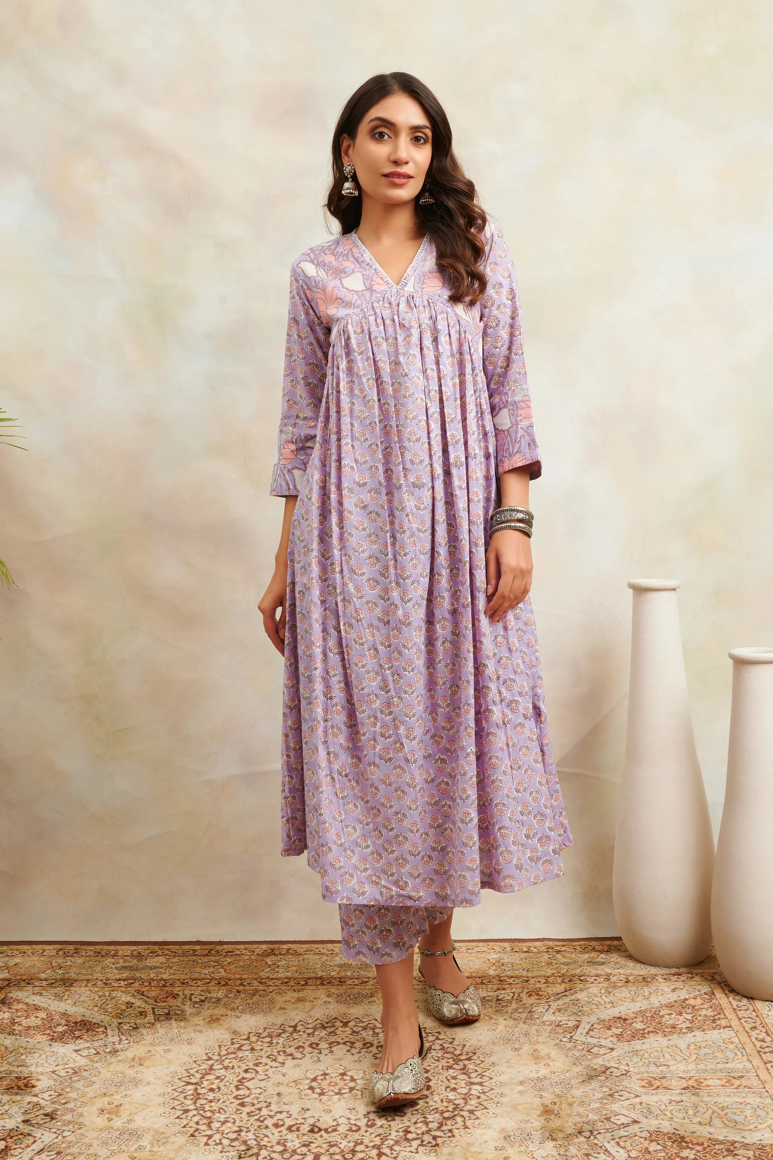 Mauve Hand Block Printed Sanganeri 'A' Line Kurta