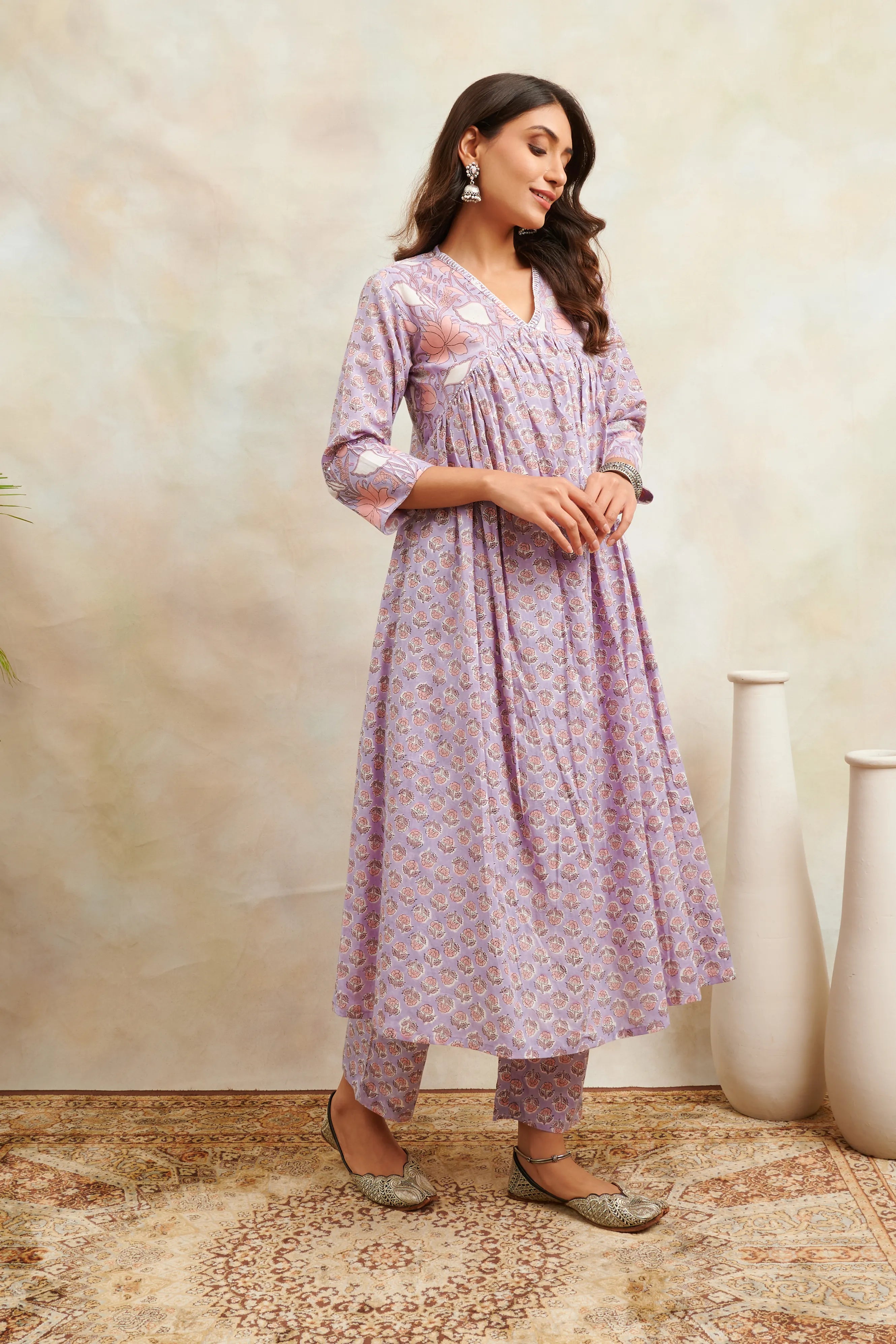 Mauve Hand Block Printed Sanganeri 'A' Line Kurta