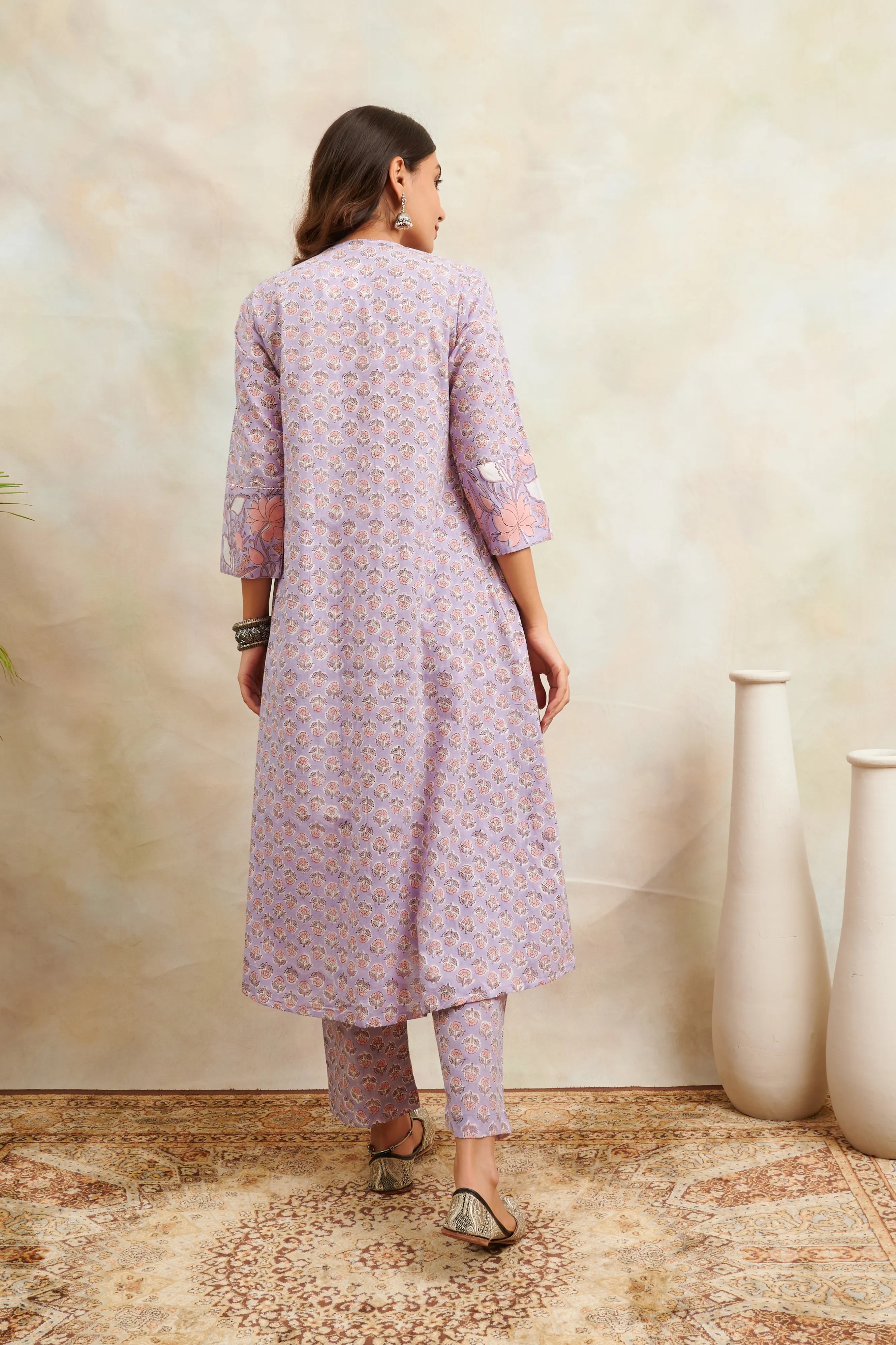 Mauve Hand Block Printed Sanganeri 'A' Line Kurta