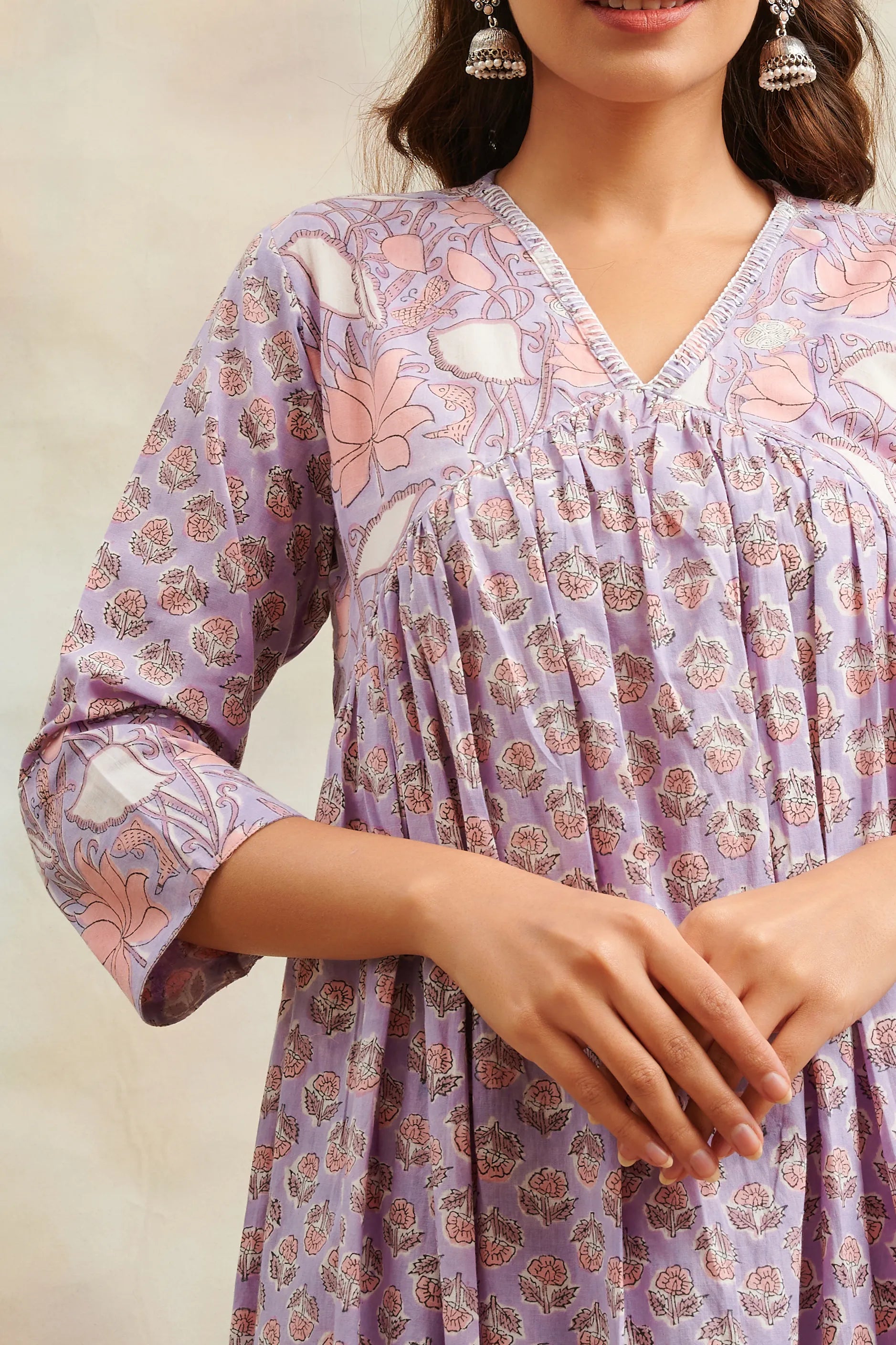 Mauve Hand Block Printed Sanganeri 'A' Line Kurta