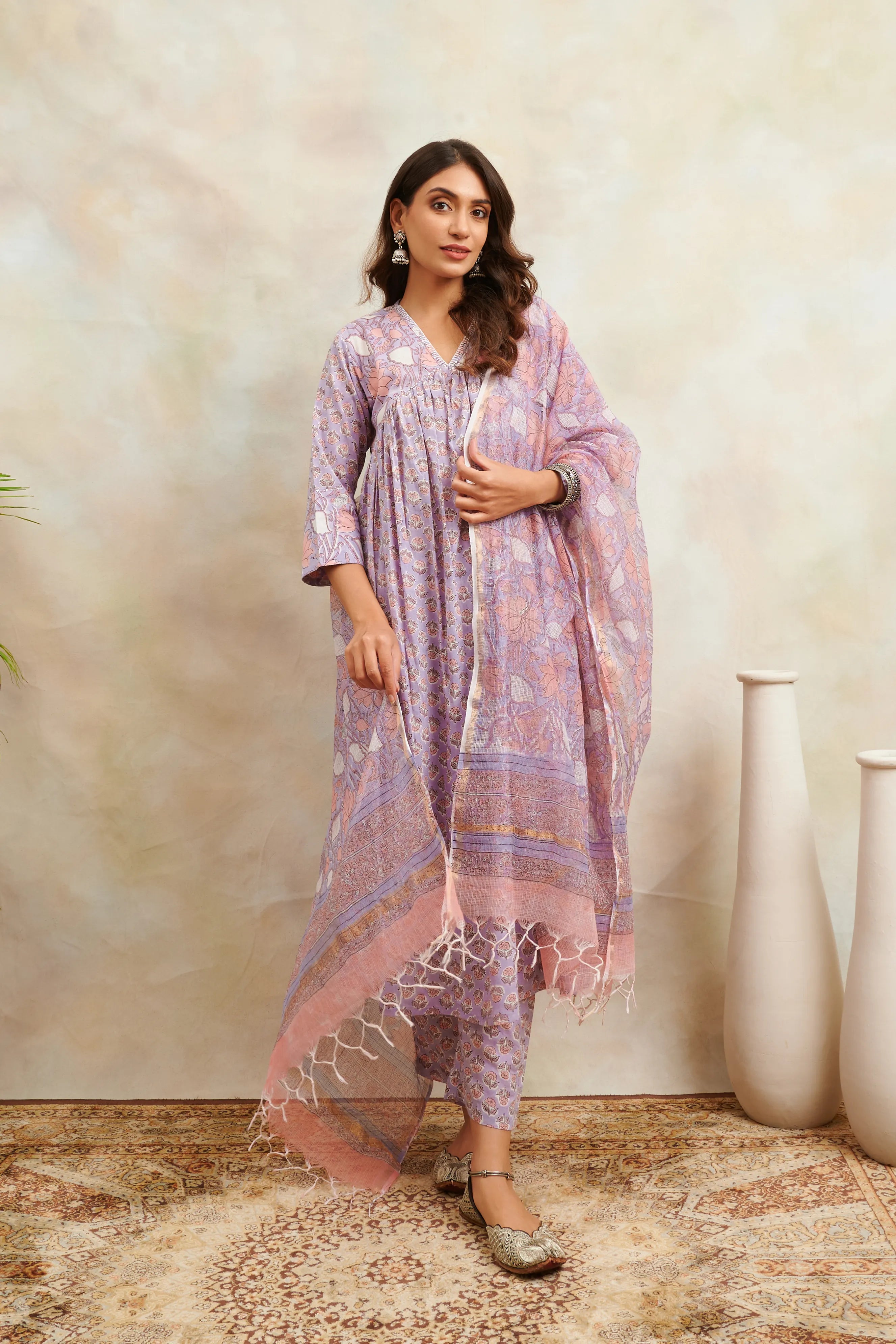 Mauve Hand Block Printed Sanganeri 'A' Line Kurta