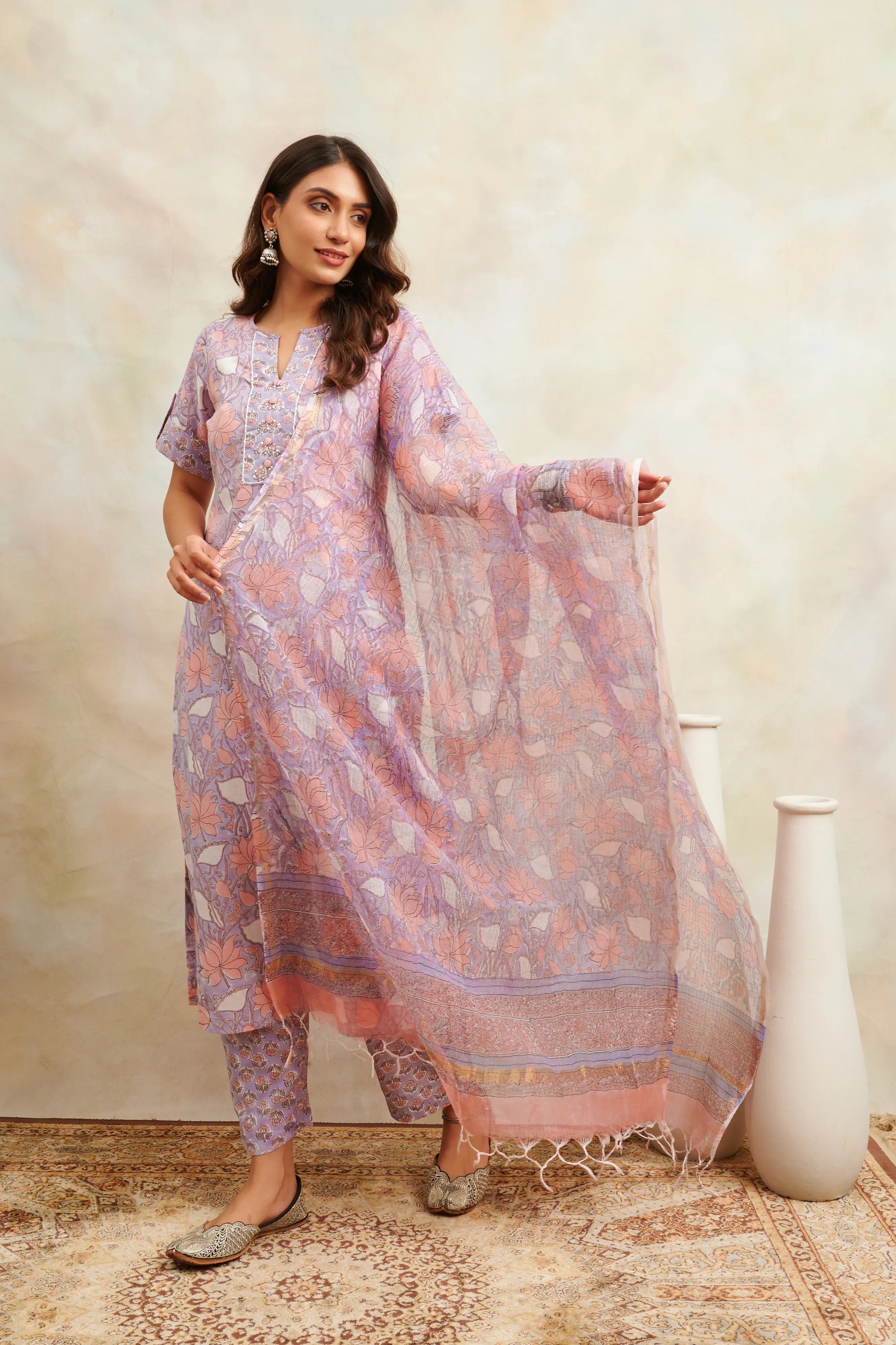 Mauve Sanganeri Straight Kurta