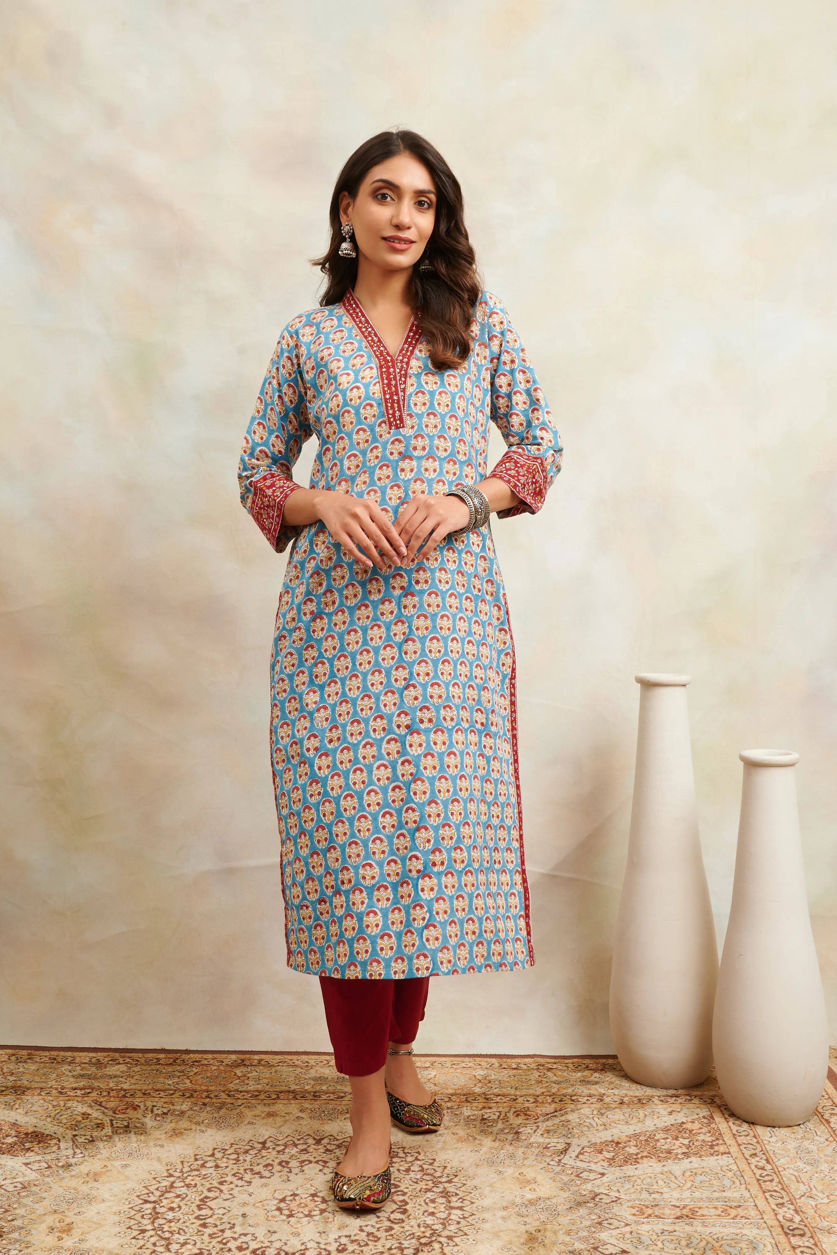 Teal Blue & Maroon Hand Block Printed Sanganeri Straight Kurta