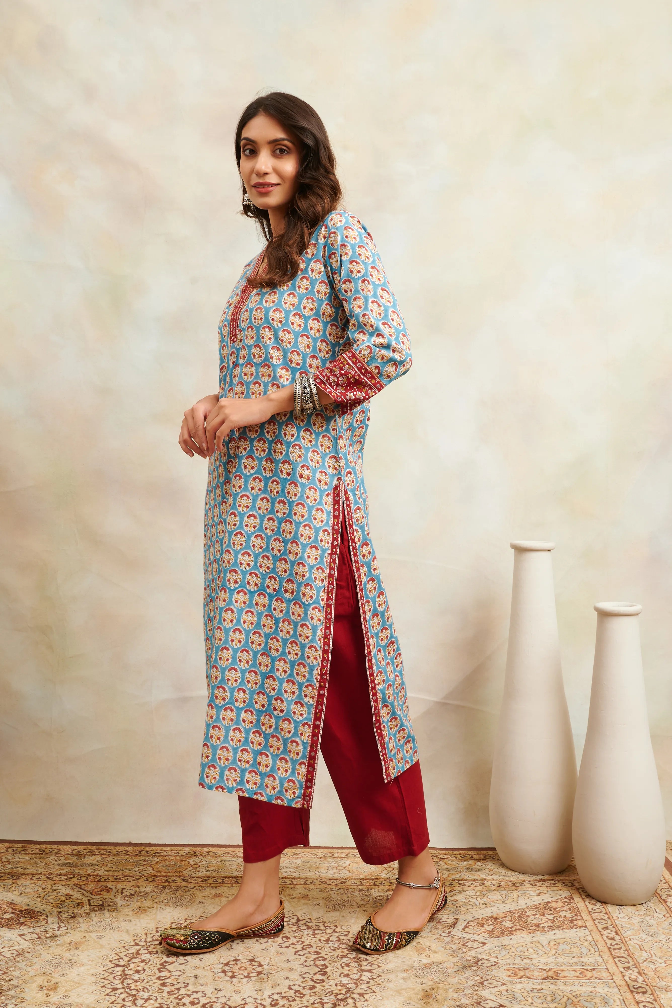 Teal Blue & Maroon Hand Block Printed Sanganeri Straight Kurta