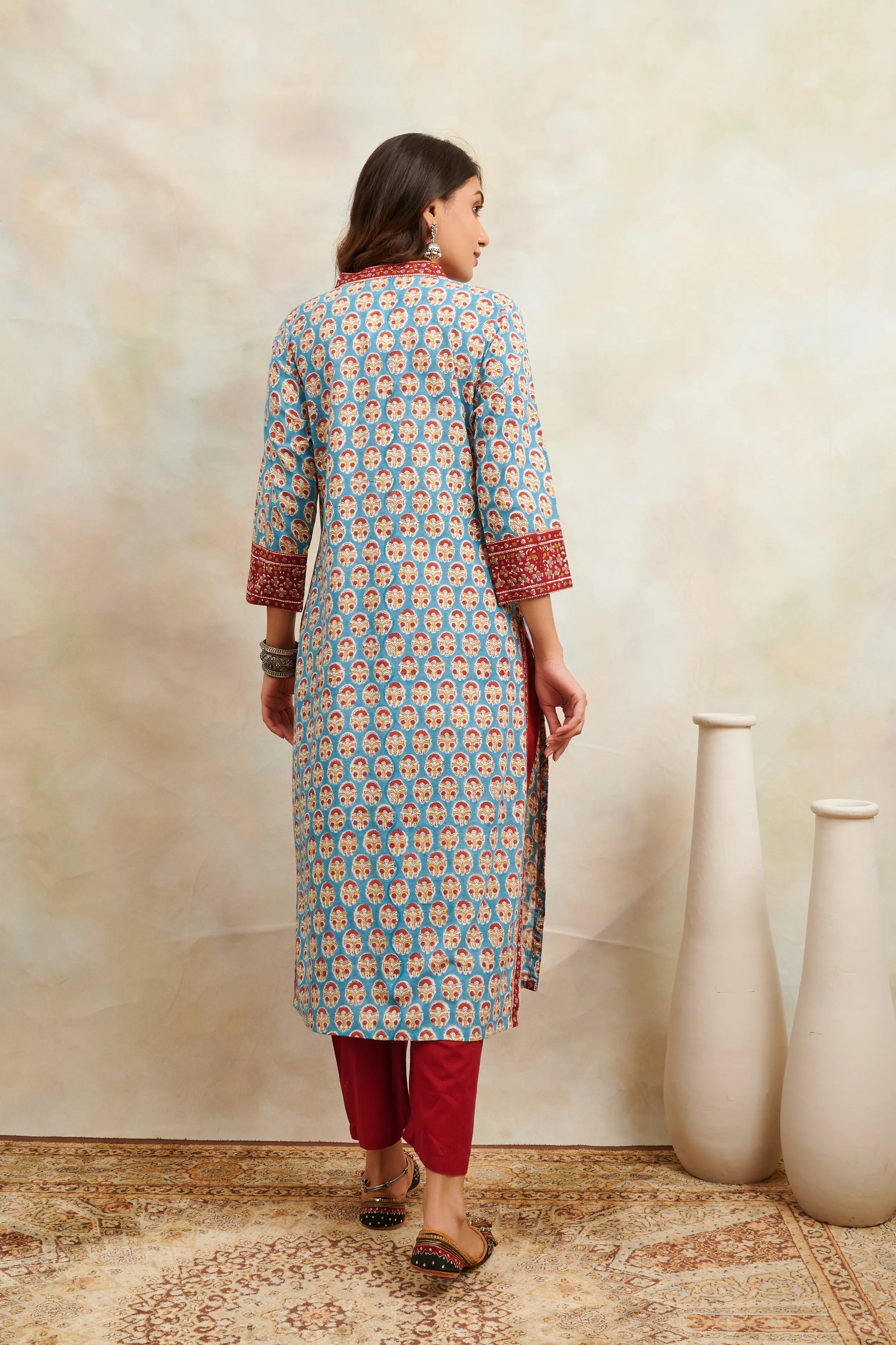 Teal Blue & Maroon Hand Block Printed Sanganeri Straight Kurta