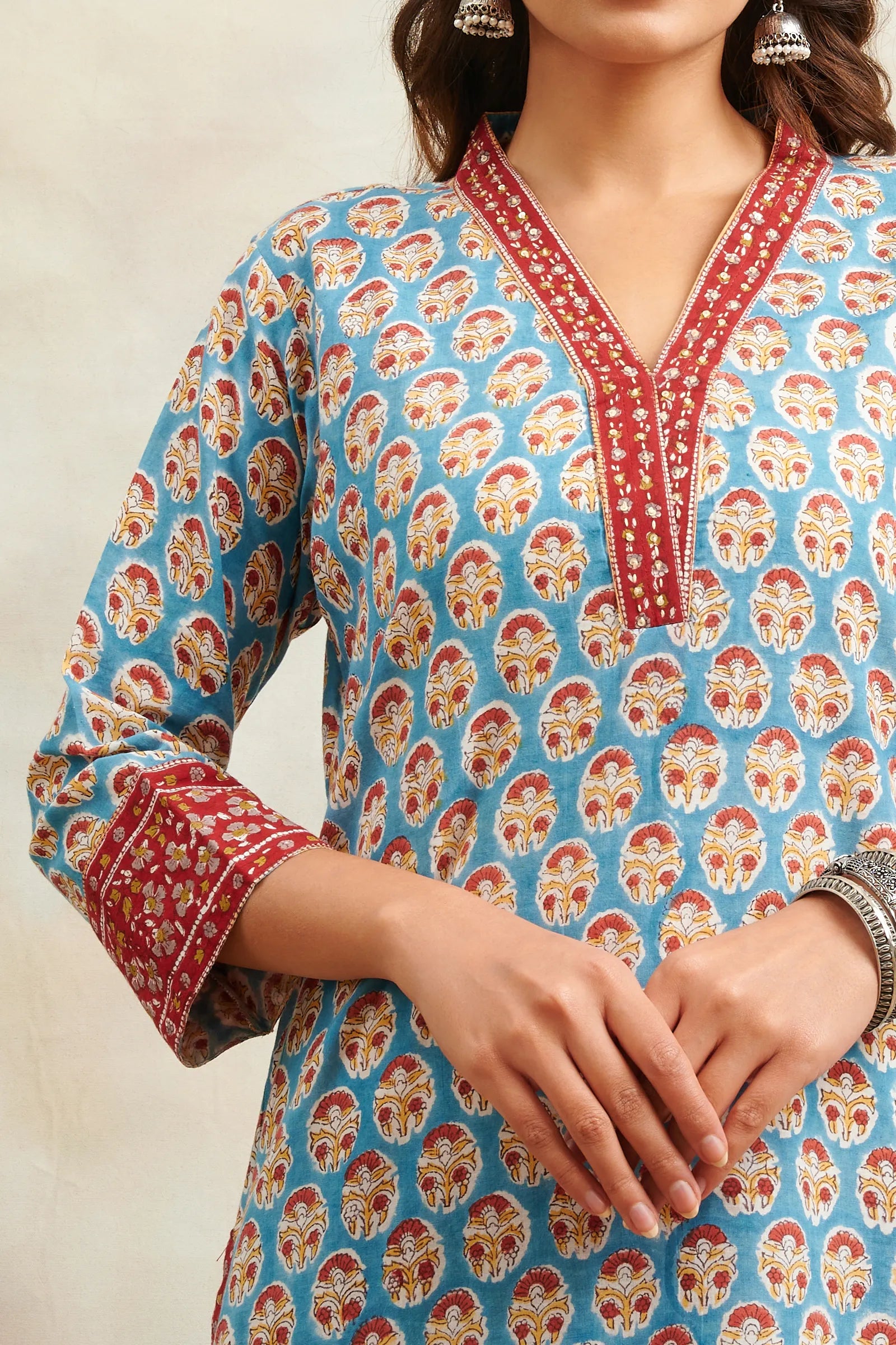 Teal Blue & Maroon Hand Block Printed Sanganeri Straight Kurta