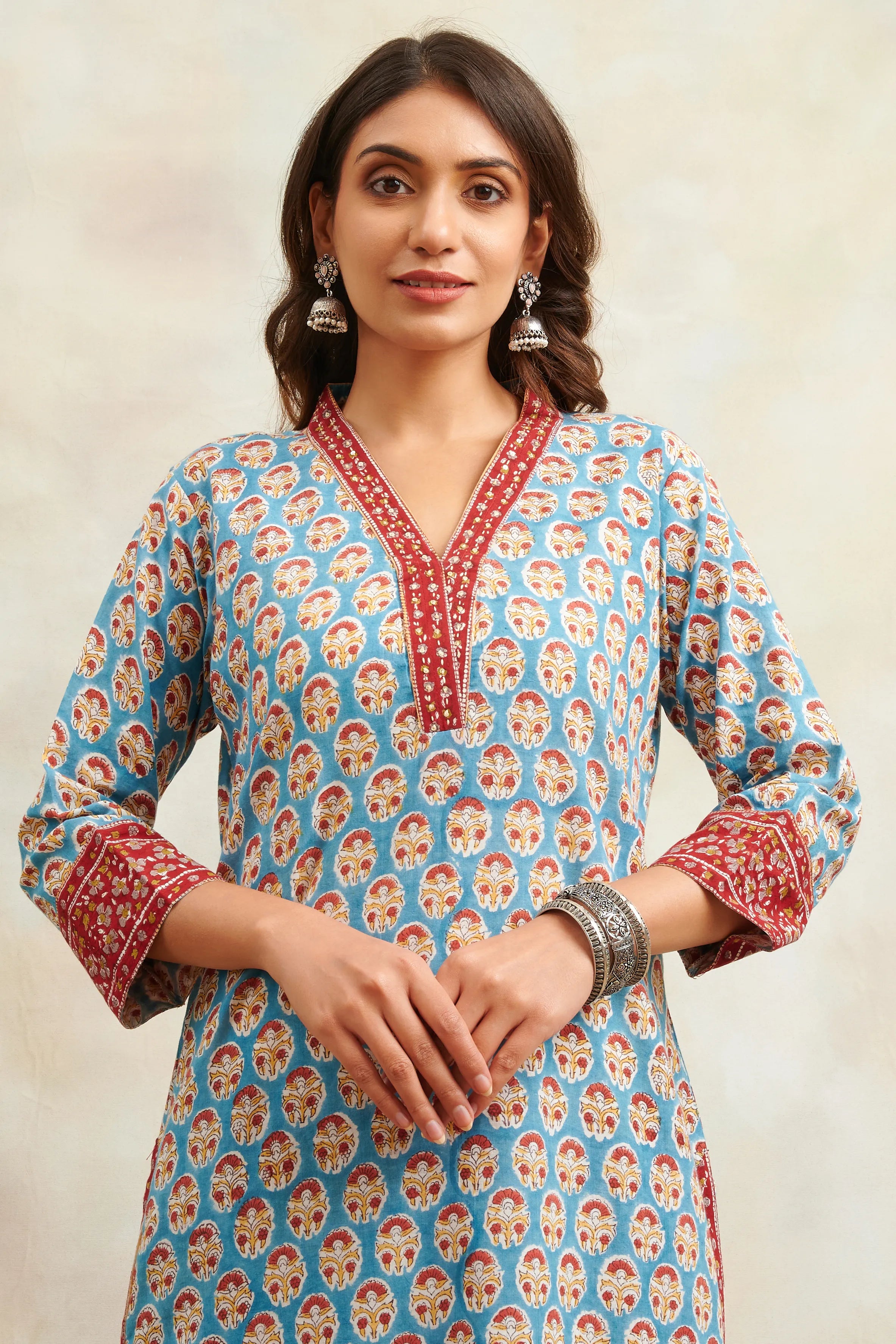 Teal Blue & Maroon Hand Block Printed Sanganeri Straight Kurta