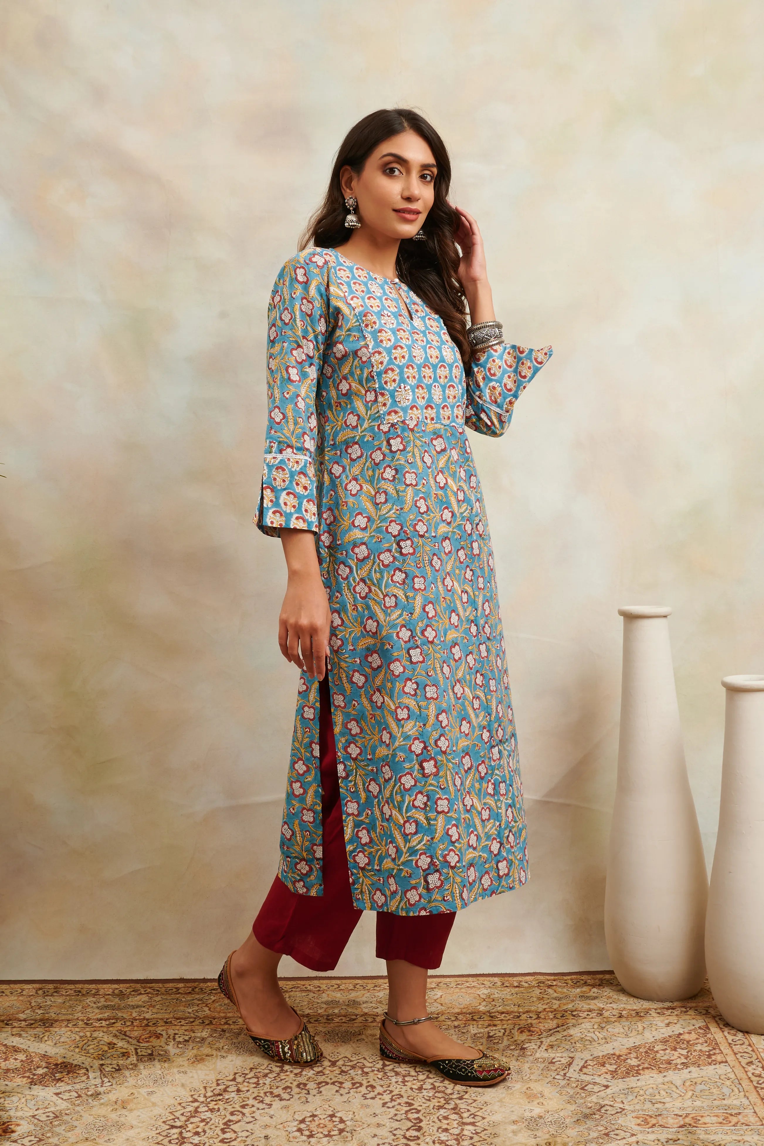 Teal Blue & Maroon Hand Block Printed Sanganeri Kurta