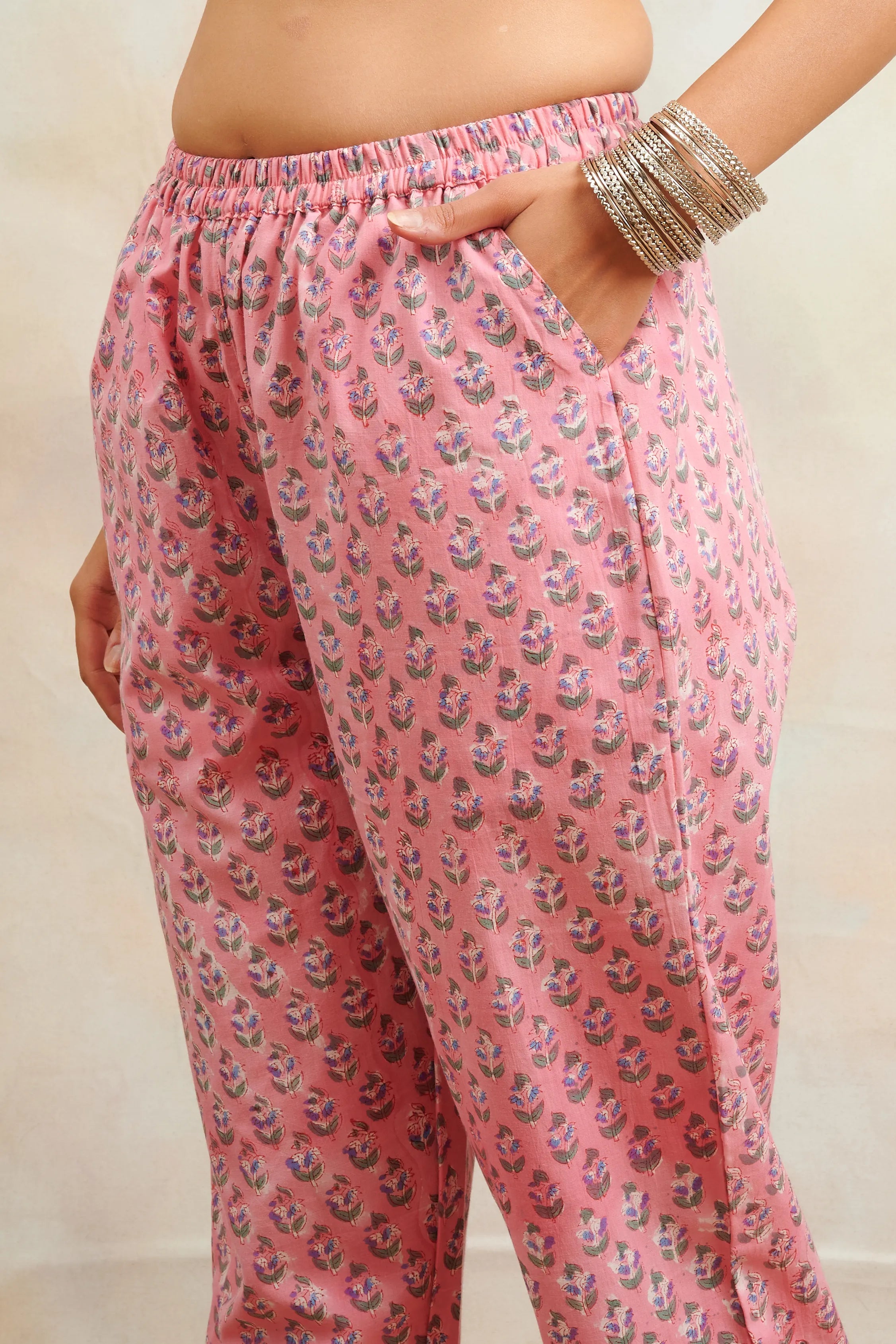 Pink/Blue Hand Block Printed Farsi Pants