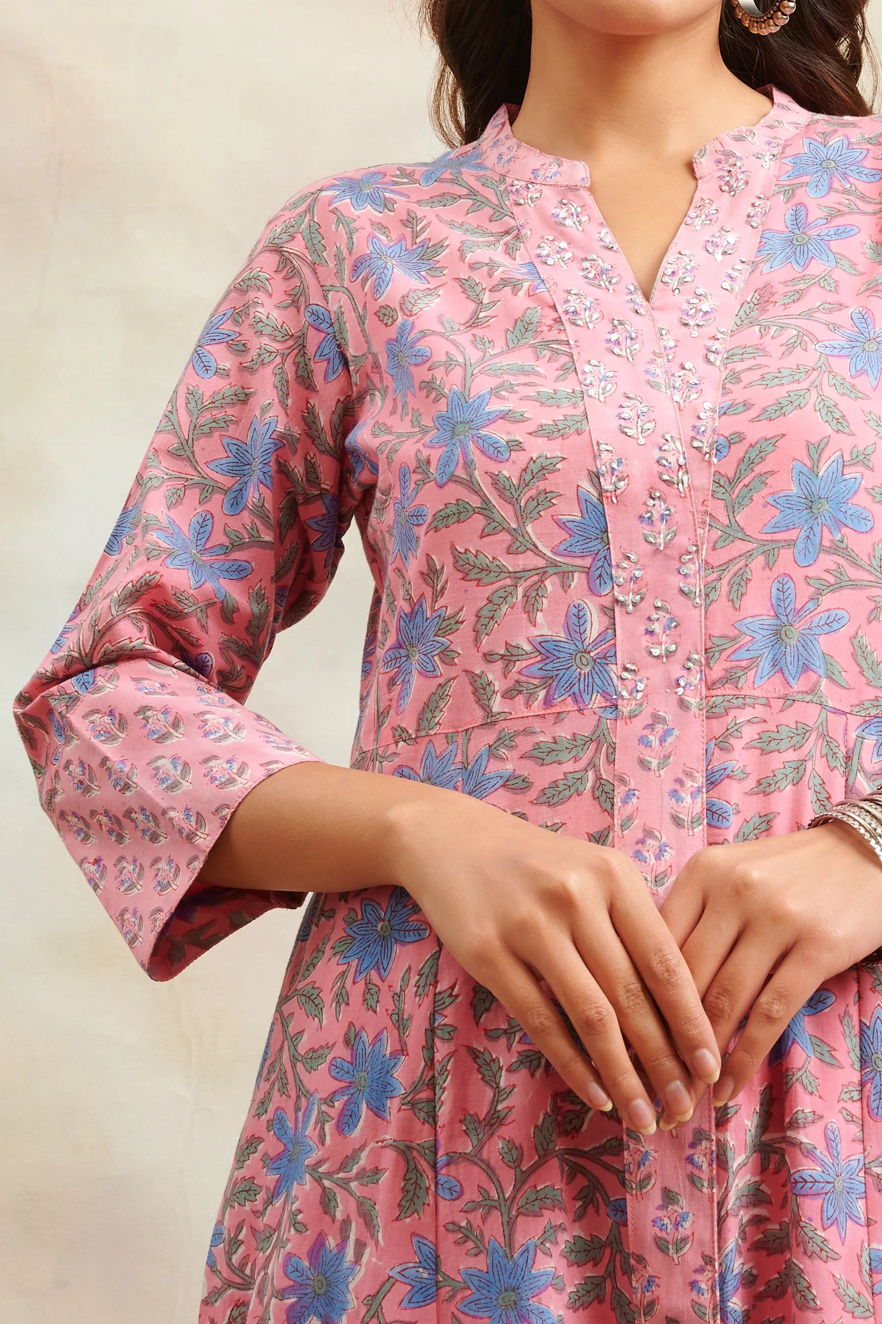 Pink Hand Block Printed Sanganeri 'A' Line Kurta