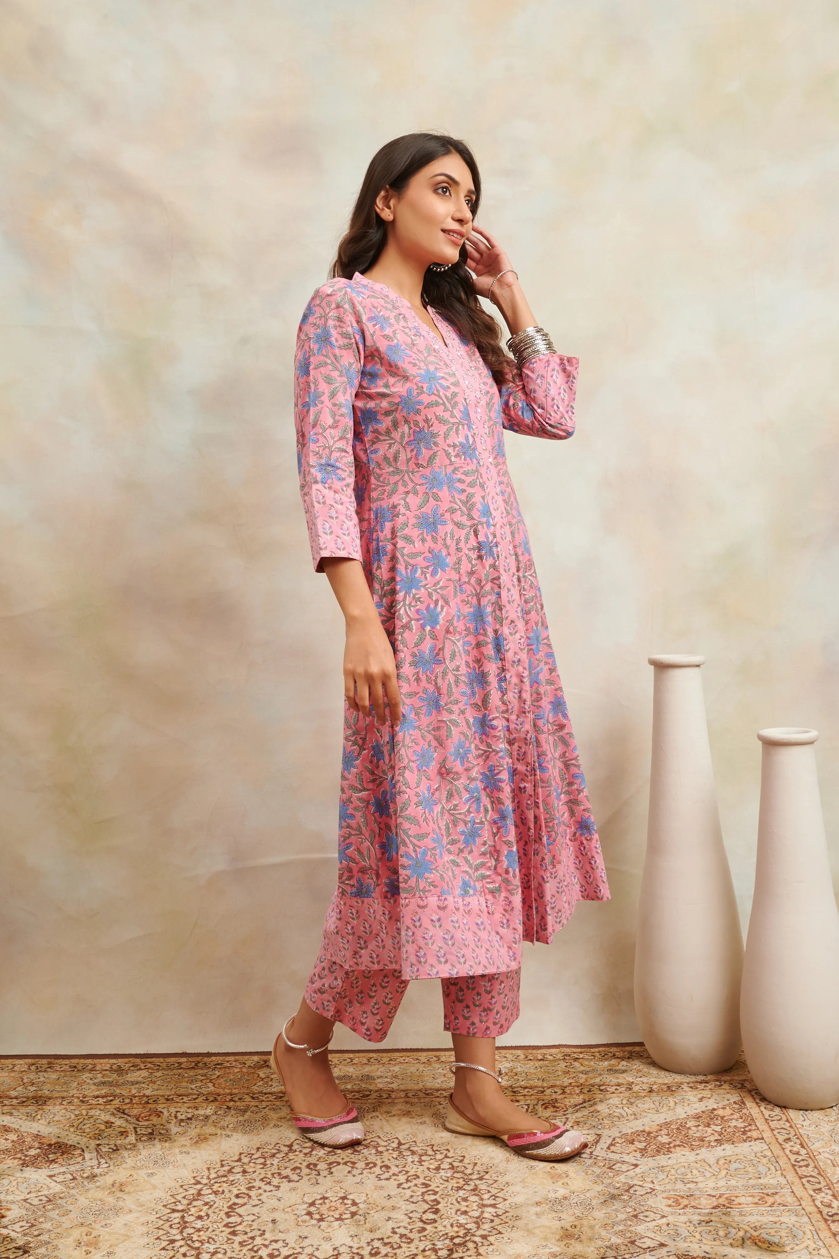 Pink Hand Block Printed Sanganeri 'A' Line Kurta