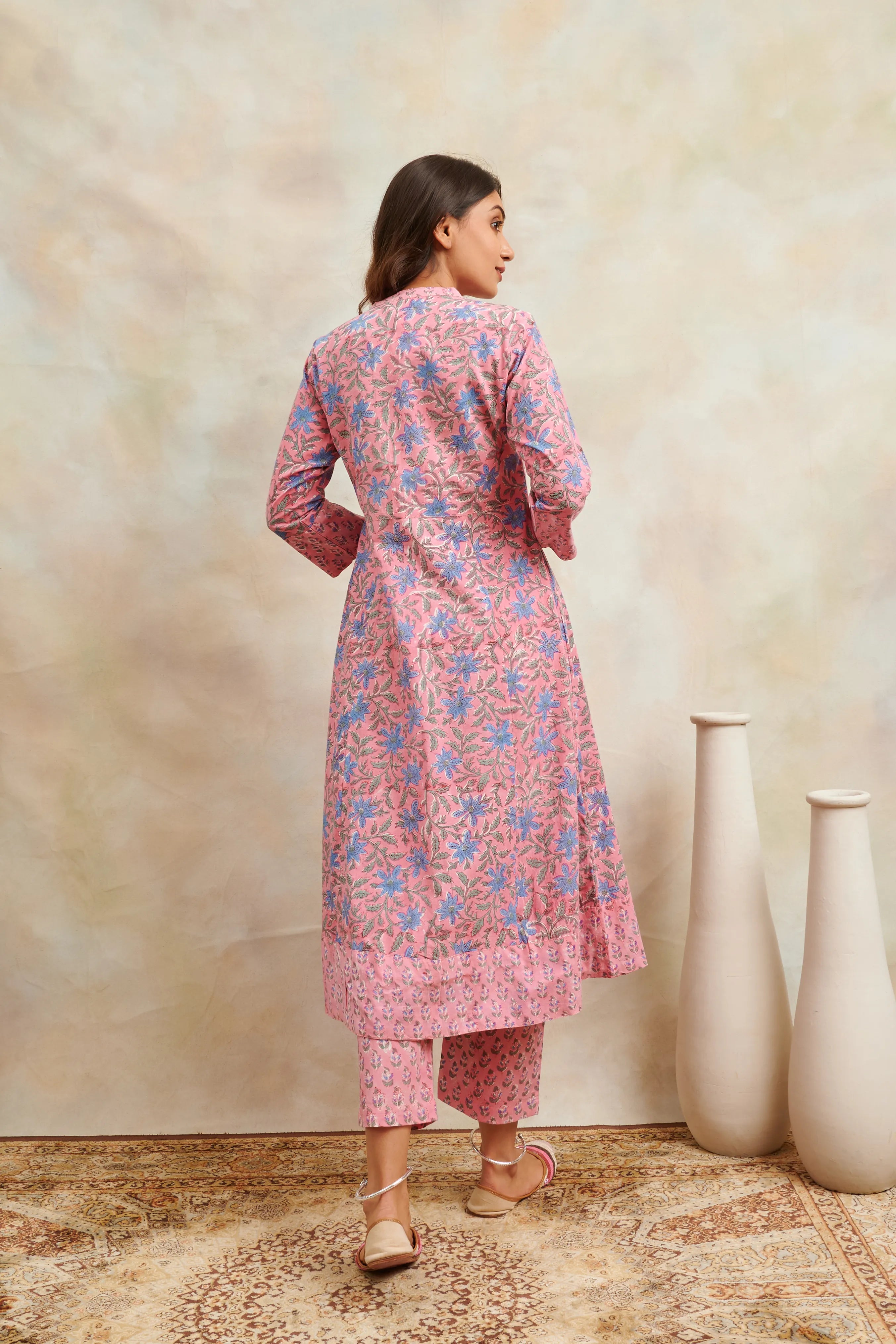 Pink Hand Block Printed Sanganeri 'A' Line Kurta