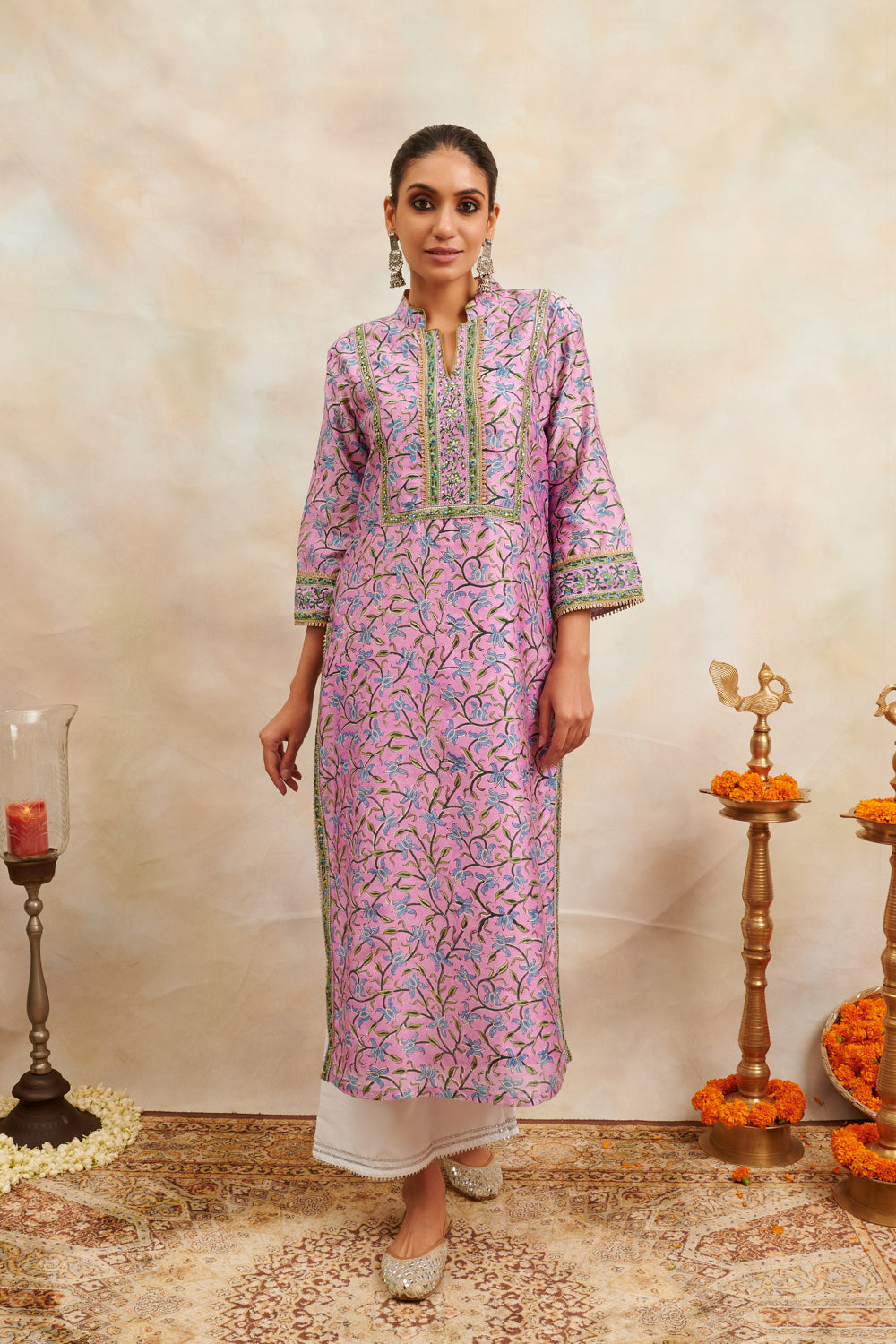 Mauve Hand Block Printed Chanderi Silk Kurta