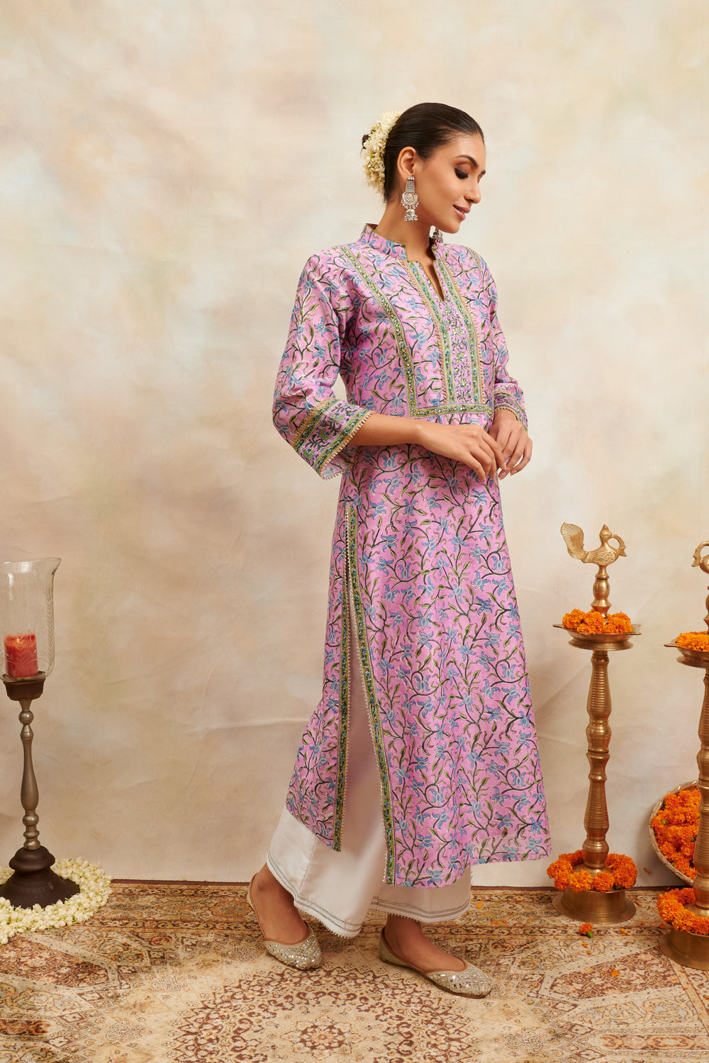 Mauve Hand Block Printed Chanderi Silk Kurta