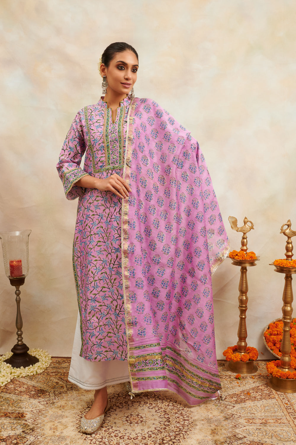 Mauve Hand Block Printed Chanderi Silk Kurta