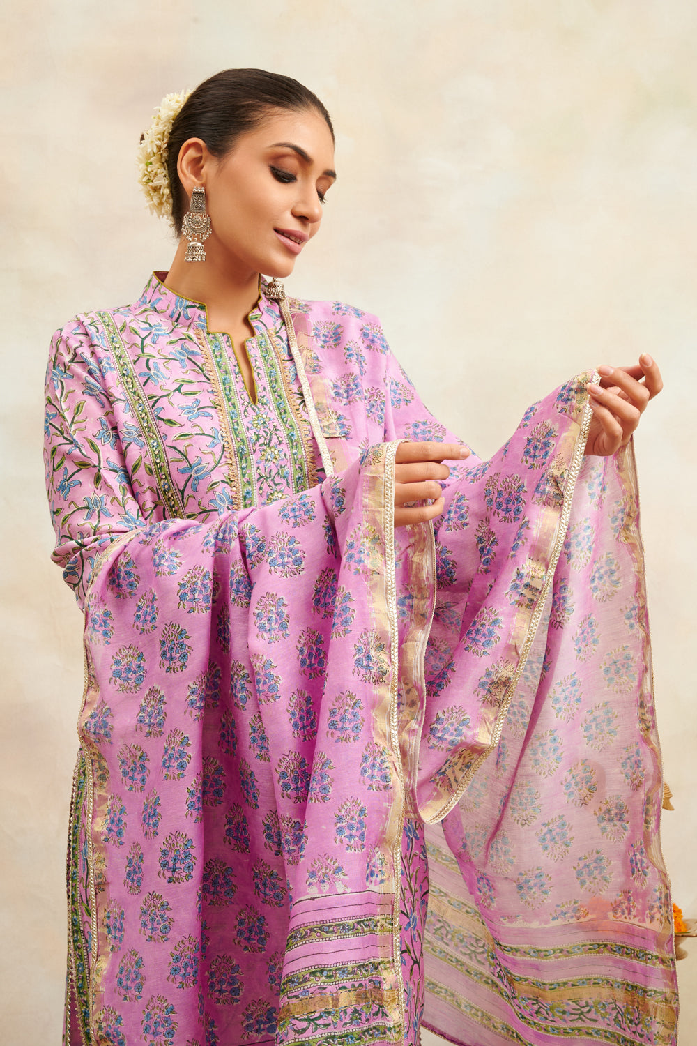 Mauve Hand Block Printed Chanderi Silk Kurta