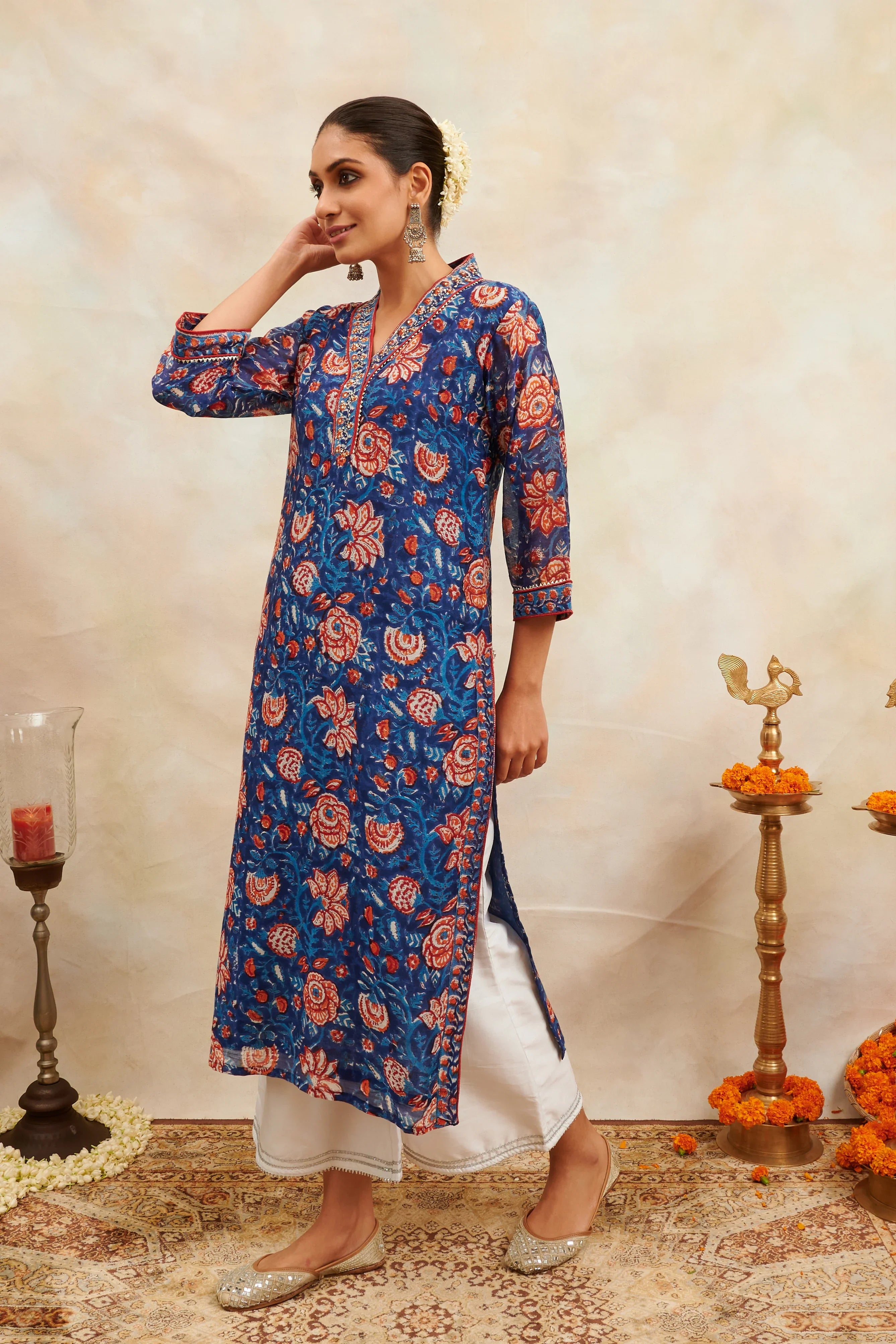 Indigo Blue Hand Block Printed Chanderi Silk Kurta