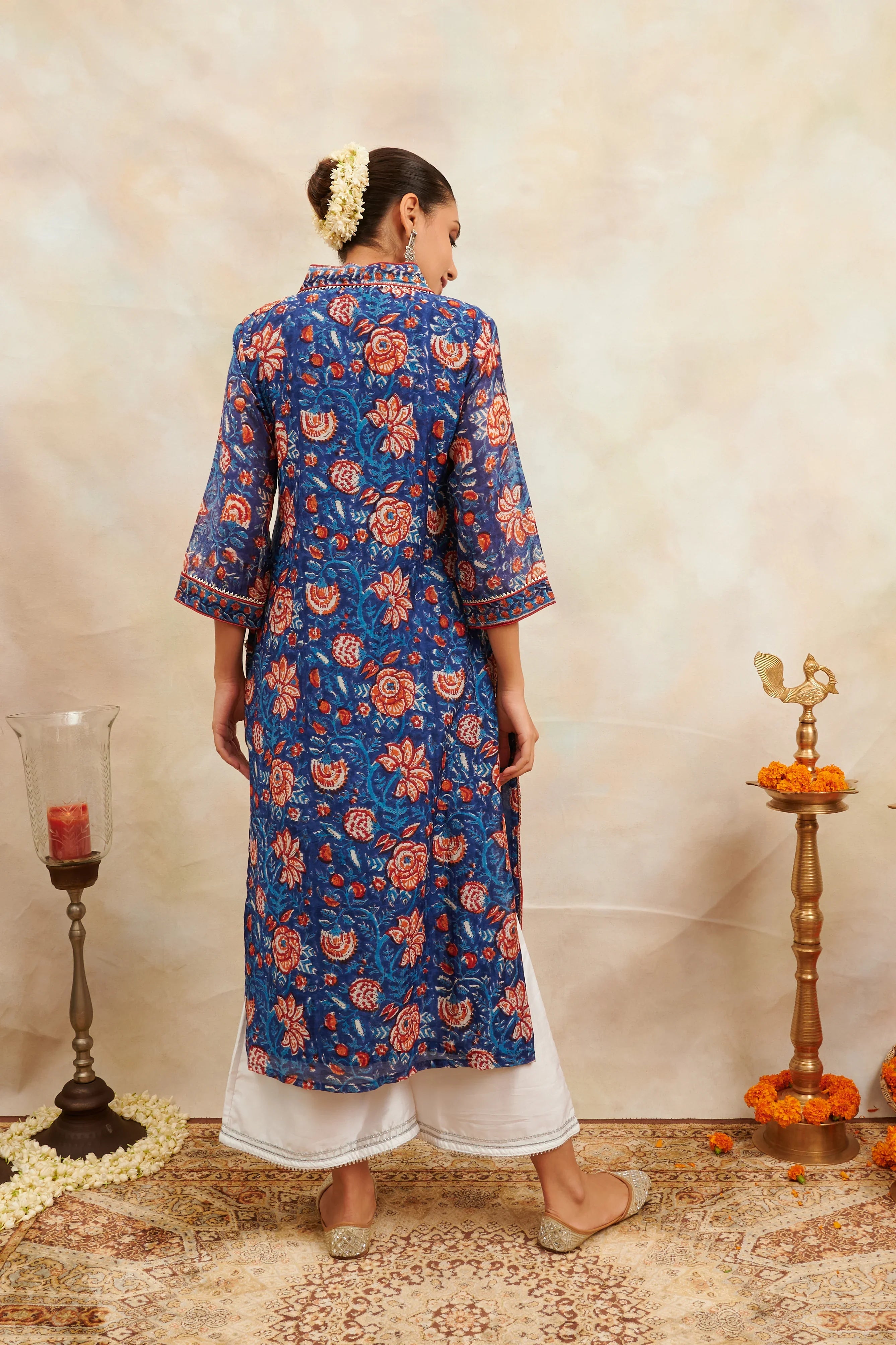 Indigo Blue Hand Block Printed Chanderi Silk Kurta