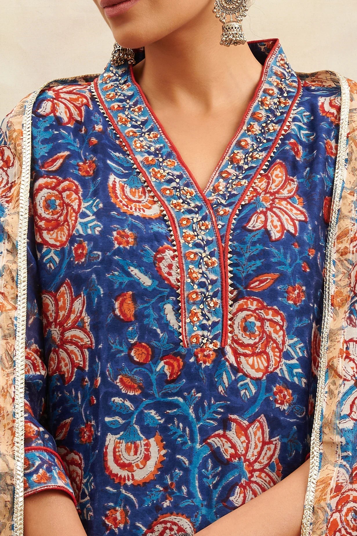 Indigo Blue Hand Block Printed Chanderi Silk Kurta