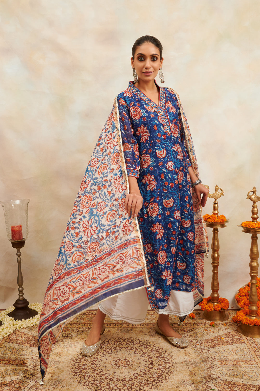 White and Indigo Blue Hand Block Printed Chanderi Dupatta