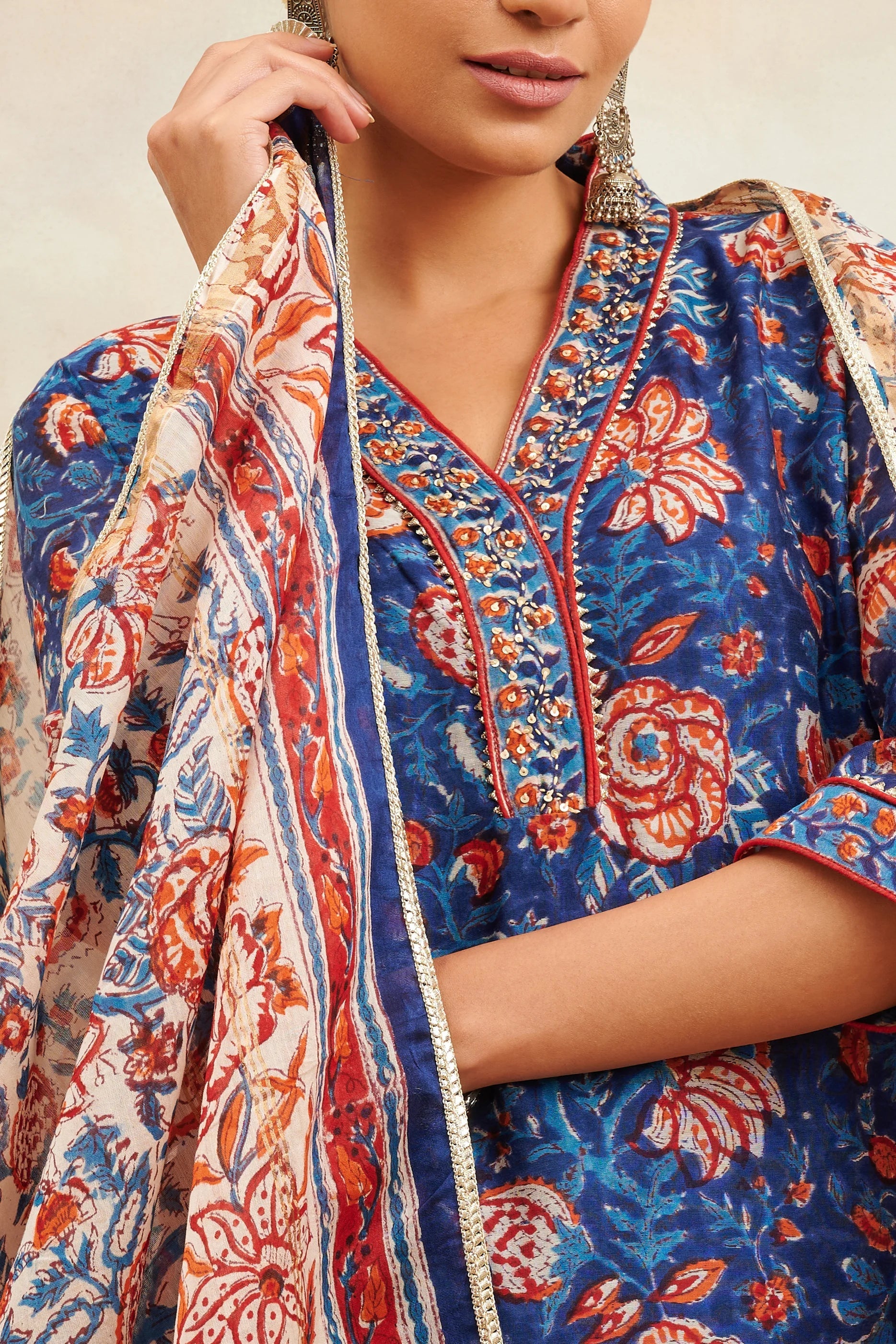 Indigo Blue Hand Block Printed Chanderi Silk Kurta