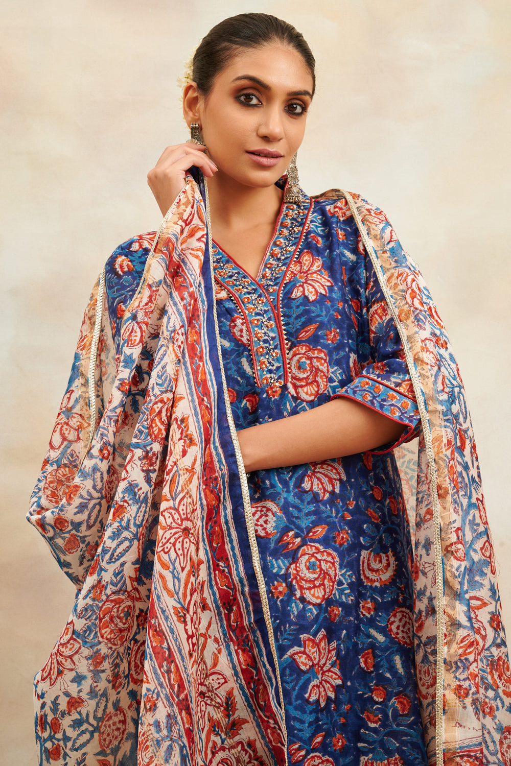 White and Indigo Blue Hand Block Printed Chanderi Dupatta