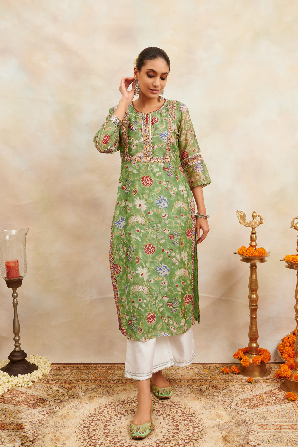 Green/Pink Hand Block Printed Chanderi Silk Kurta