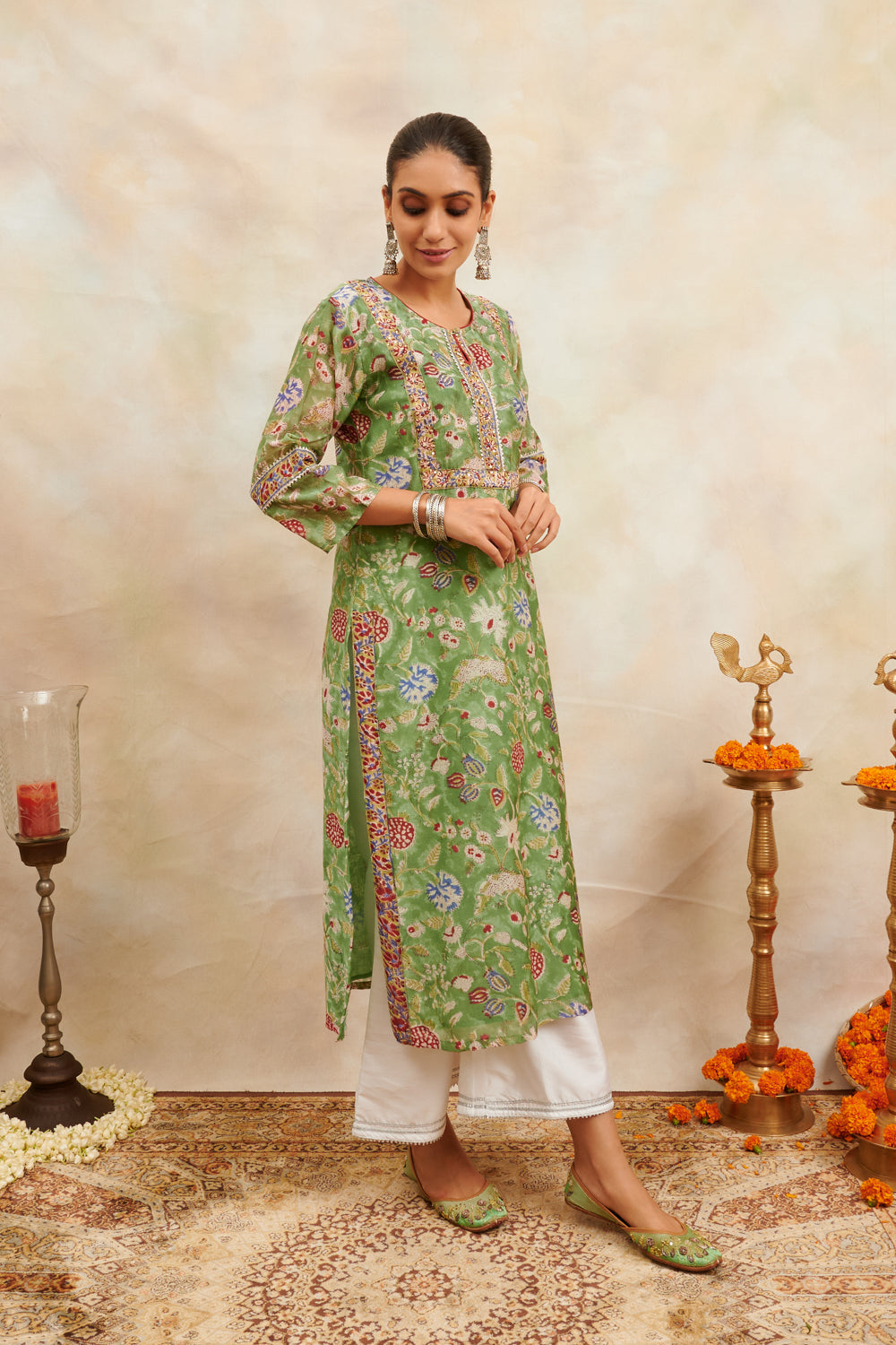 Green/Pink Hand Block Printed Chanderi Silk Kurta