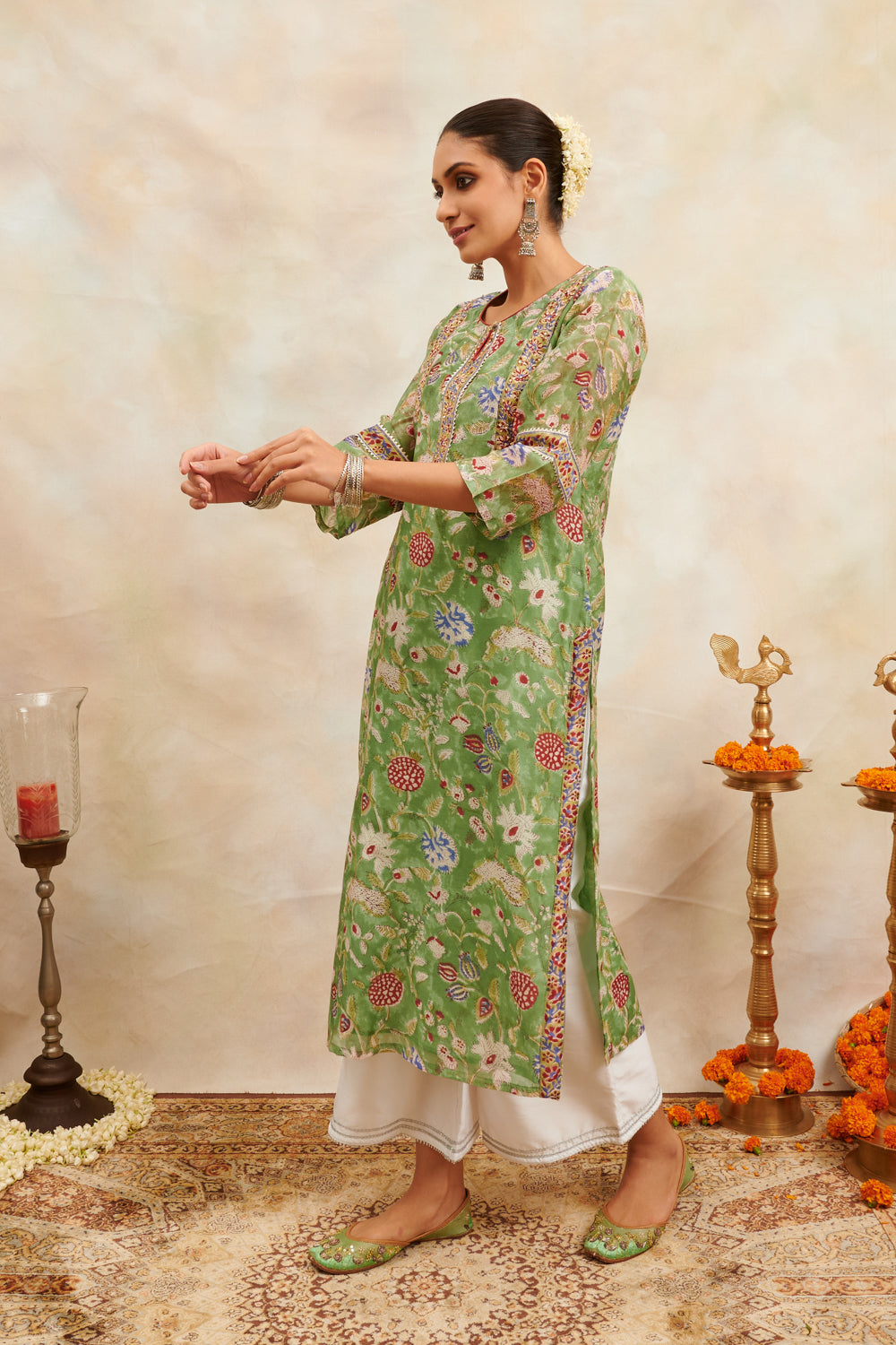 Green/Pink Hand Block Printed Chanderi Silk Kurta