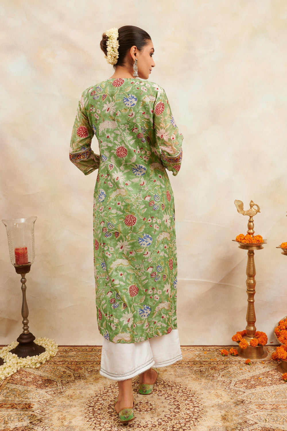Green/Pink Hand Block Printed Chanderi Silk Kurta