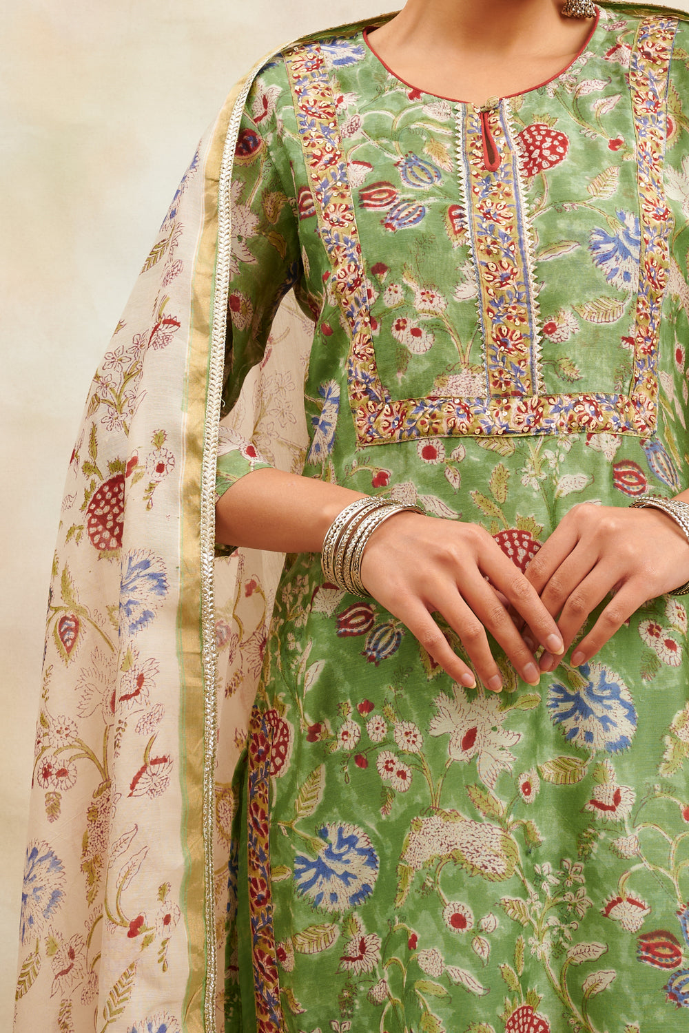 Green/Pink Hand Block Printed Chanderi Silk Kurta
