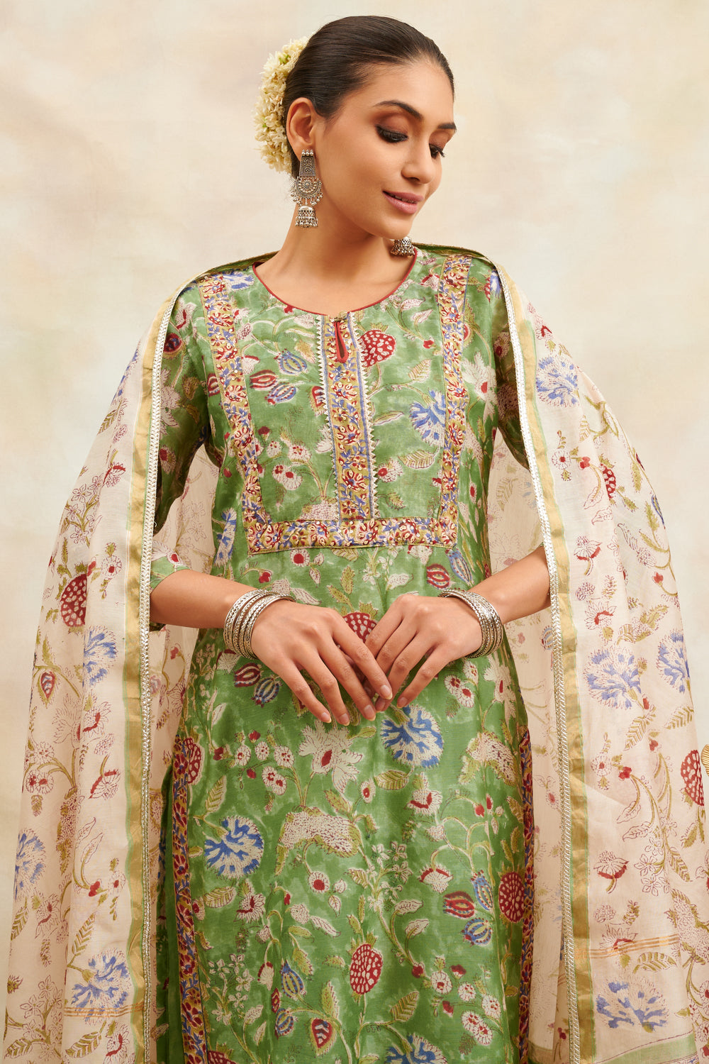 Green/Pink Hand Block Printed Chanderi Silk Kurta