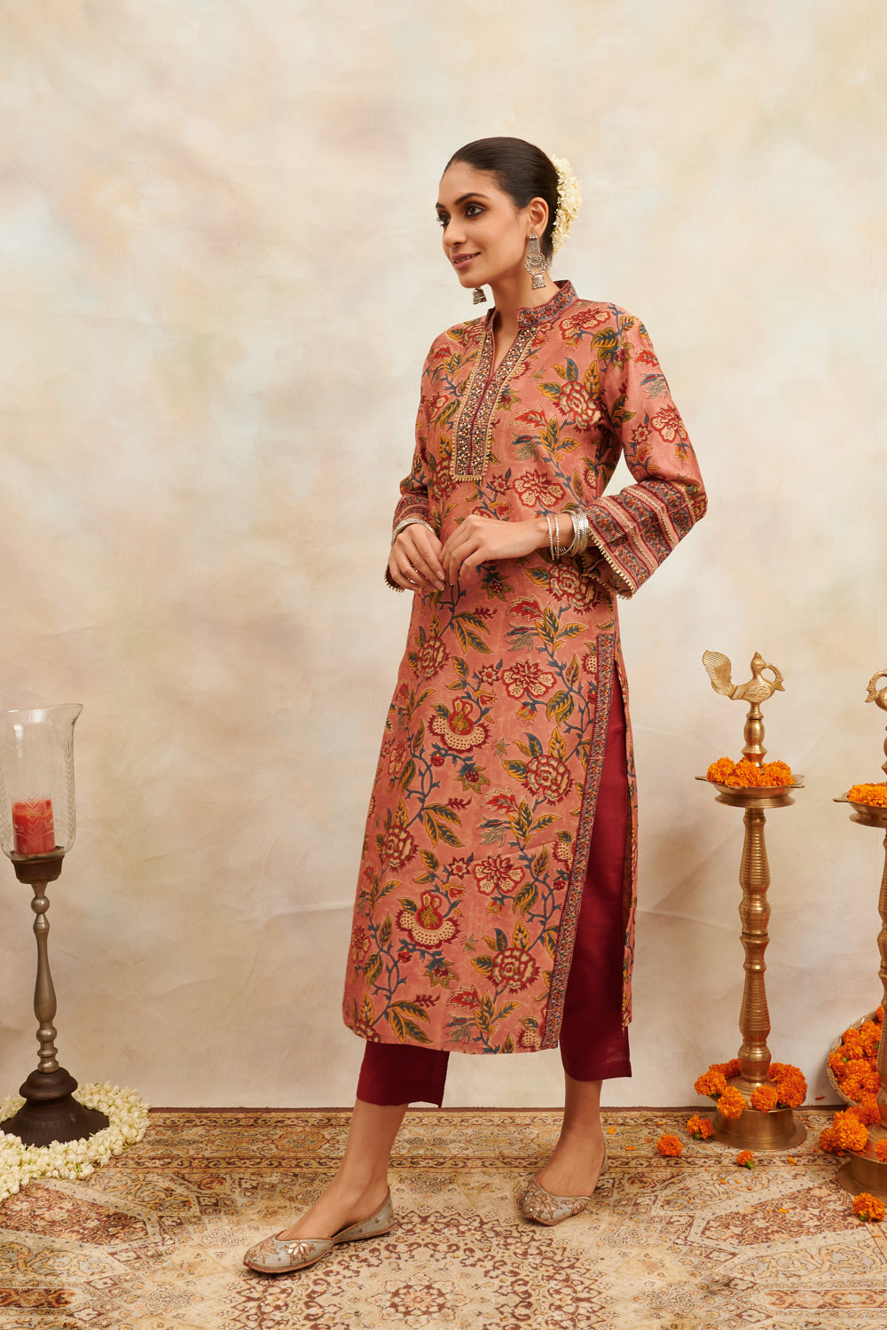 Rust Hand Block Printed Chanderi Silk Kurta