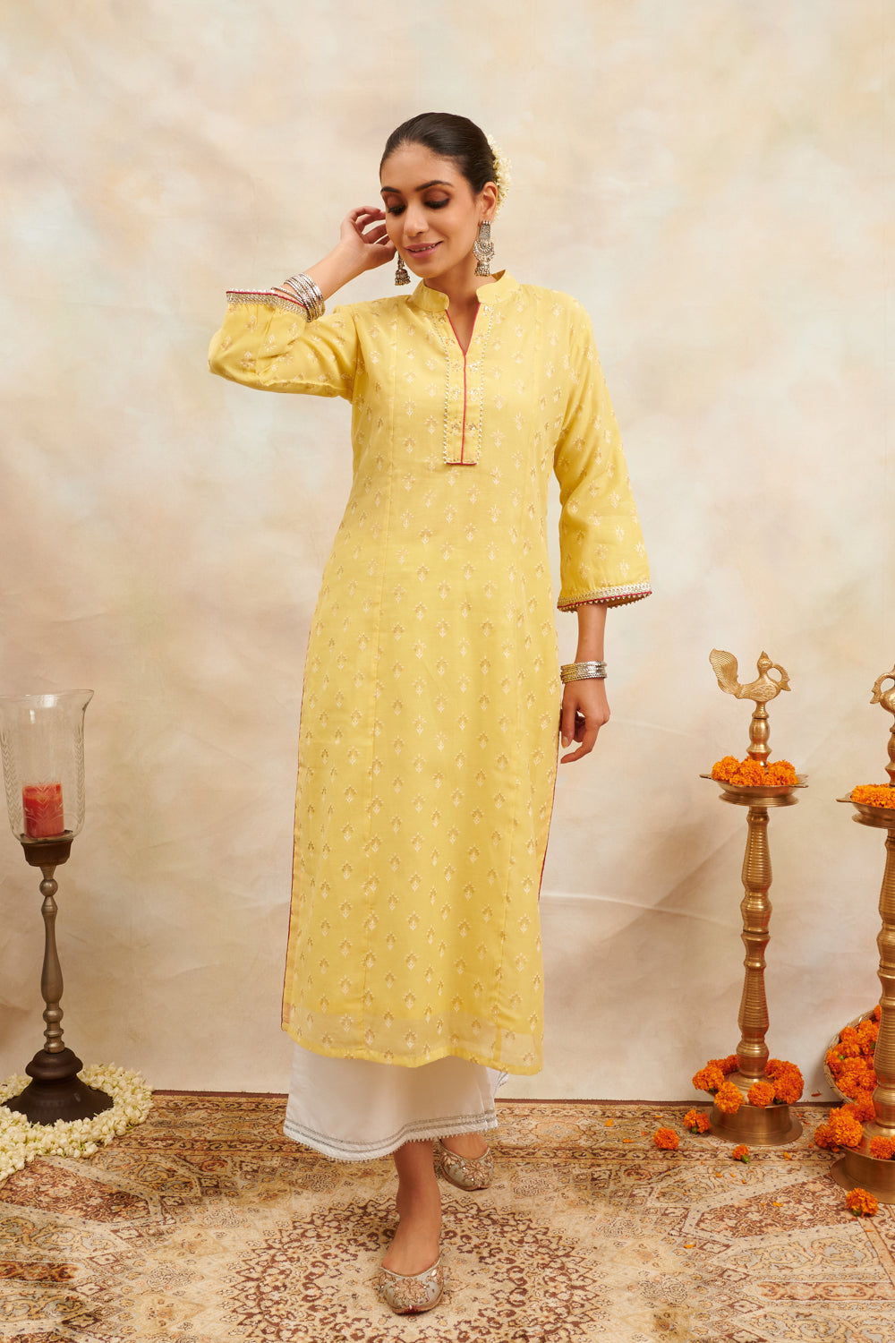 Yellow Khari Printed Chanderi Silk Kurta